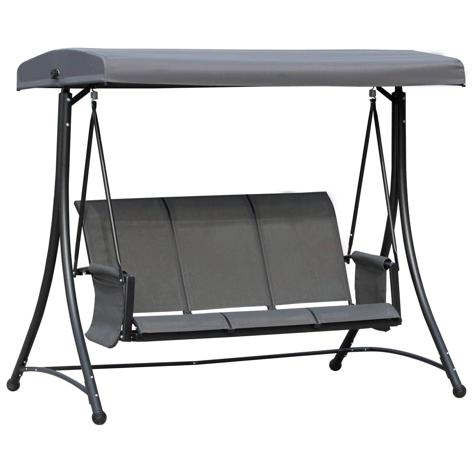 3 Person Porch Swing Outdoor Swing Chair with High Back Design, Side Pouches and Adjustable Canopy, Dark Grey