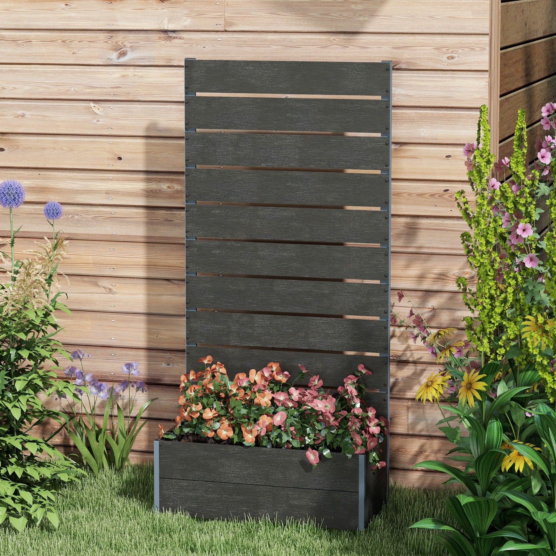 Raised Garden Bed with Trellis, 28" x 15" x 59" Freestanding Planter Box with Self Draining Gap, Elevated Planter for Climbing Vines, Flowers, Vegetables, Black