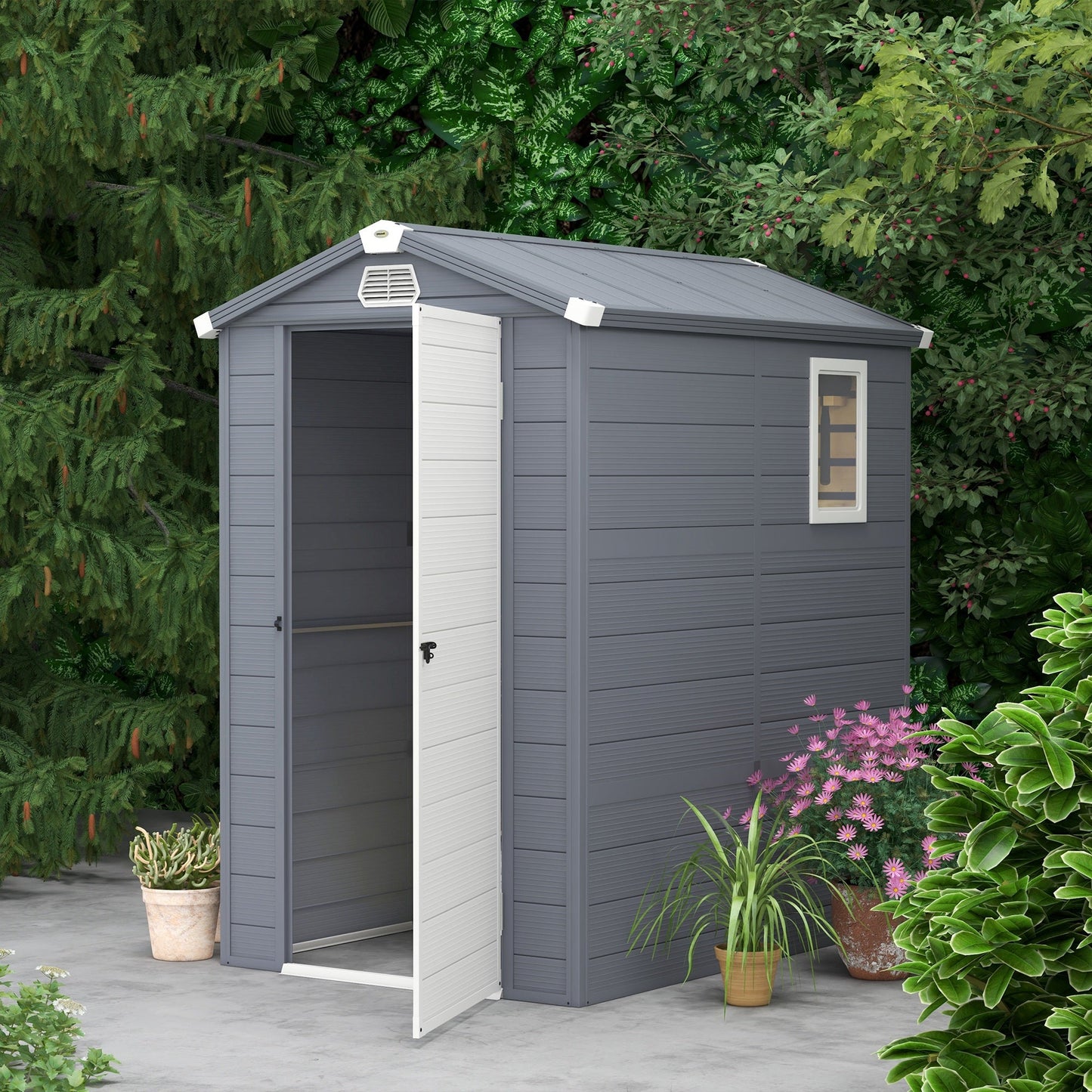 4.5' x 6' Garden Storage Shed, Outdoor Storage Patio Shed with Aluminum Frame, Galvanized Foundation Kit, Latched Door, Air Vents, Window for Backyard, Lawn, Light Grey