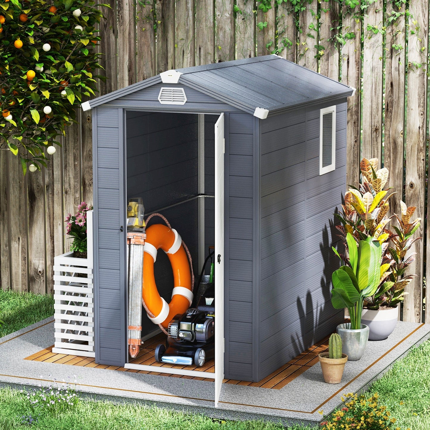 4.5' x 6' Garden Storage Shed, Outdoor Storage Patio Shed with Aluminum Frame, Galvanized Foundation Kit, Latched Door, Air Vents, Window for Backyard, Lawn, Light Grey