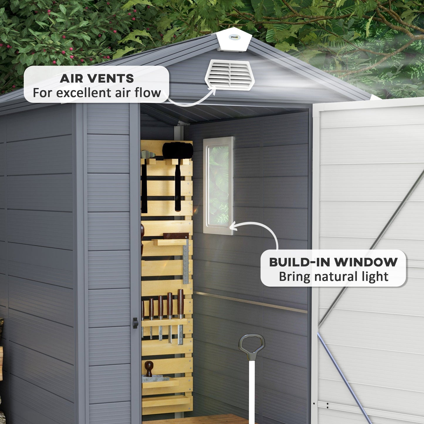 4.5' x 6' Garden Storage Shed, Outdoor Storage Patio Shed with Aluminum Frame, Galvanized Foundation Kit, Latched Door, Air Vents, Window for Backyard, Lawn, Light Grey