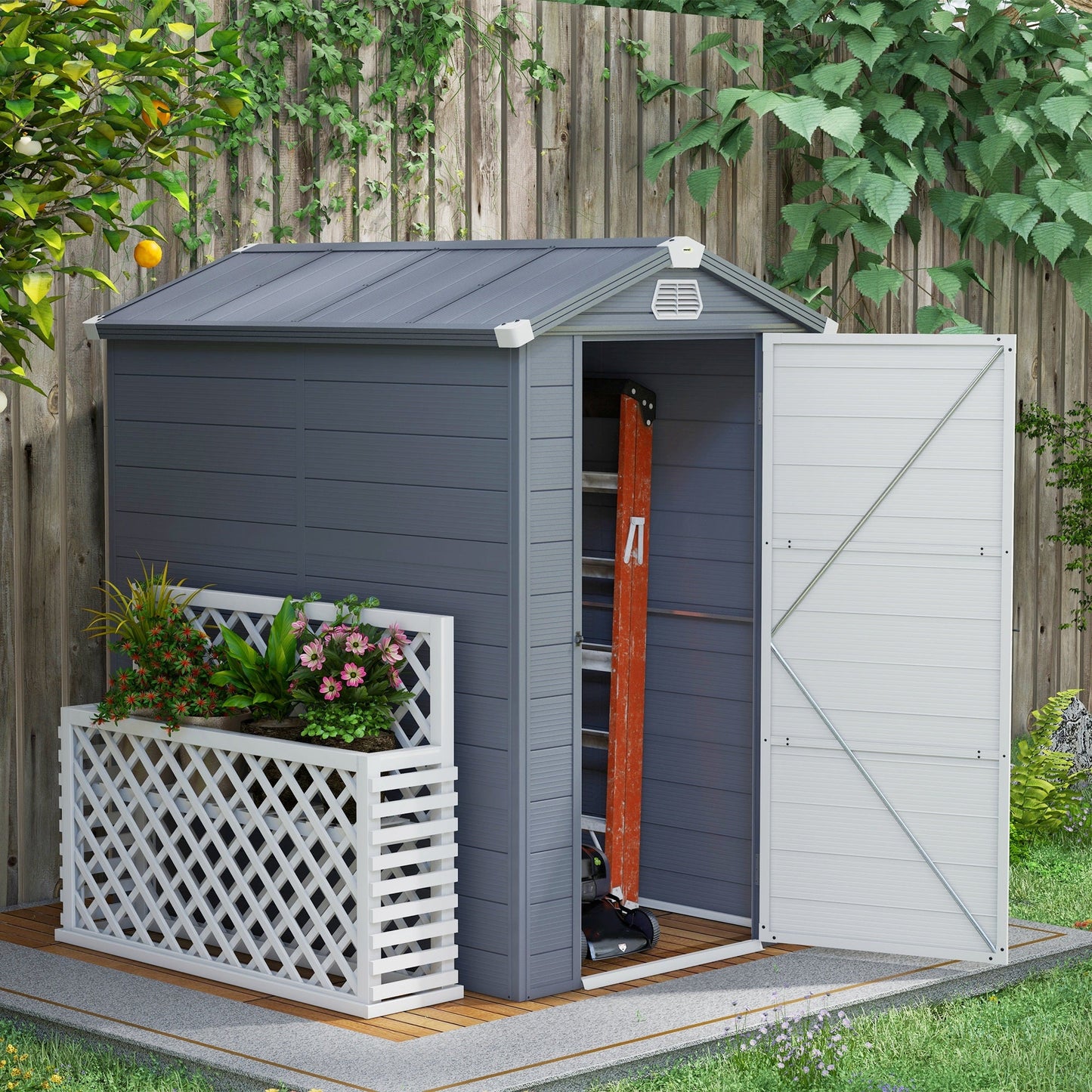 4.5' x 6' Garden Storage Shed, Outdoor Storage Patio Shed with Aluminum Frame, Galvanized Foundation Kit, Latched Door, Air Vents, Window for Backyard, Lawn, Light Grey