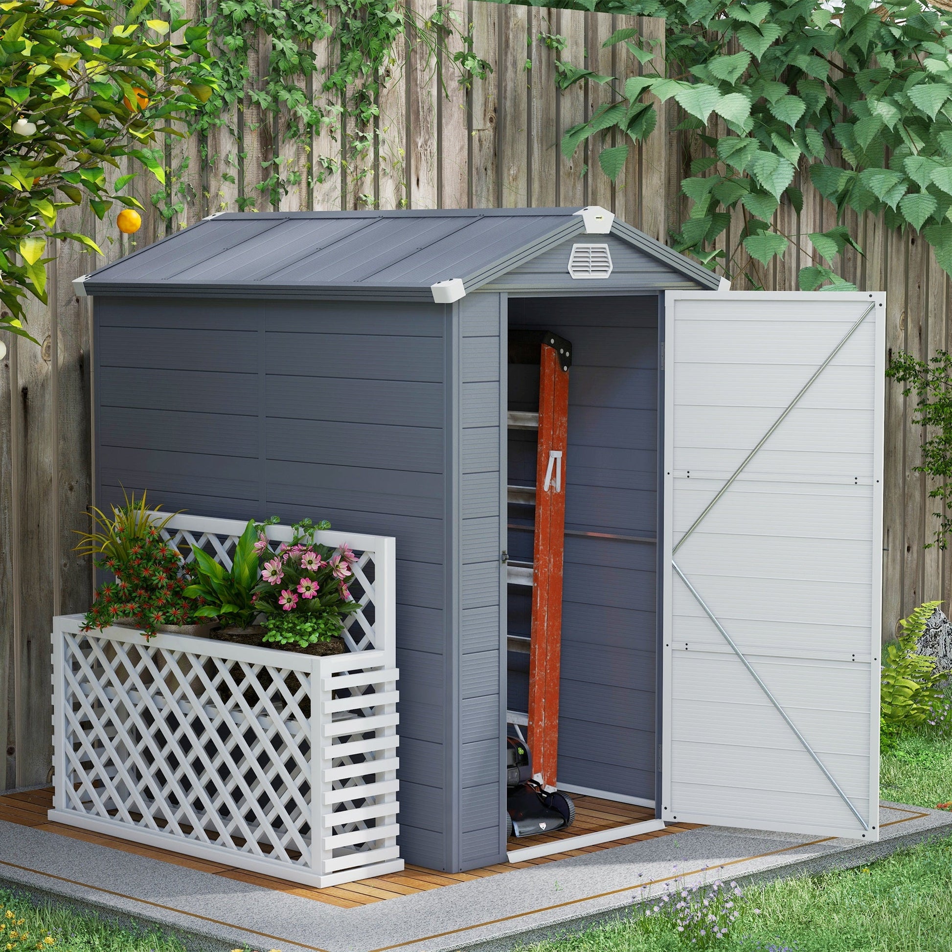 4.5' x 6' Garden Storage Shed, Outdoor Storage Patio Shed with Aluminum Frame, Galvanized Foundation Kit, Latched Door, Air Vents, Window for Backyard, Lawn, Light Grey