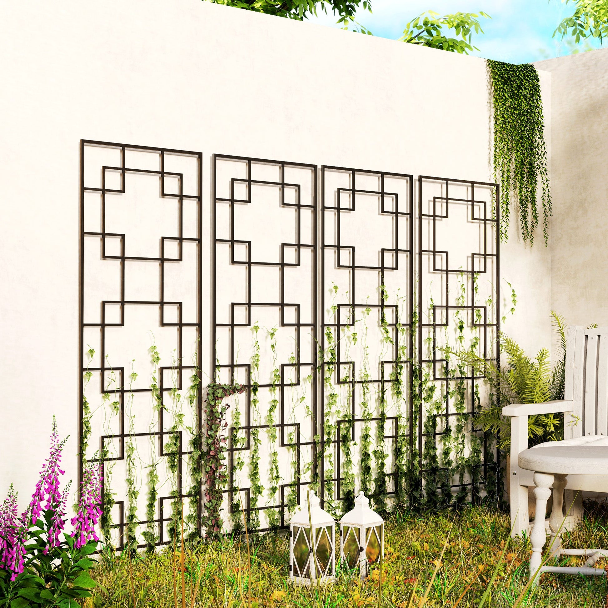 4 Pack Garden Trellis for Climbing Plants, Outdoor Metal Grid Panels for Roses, Vine Flower, Cucumber, Clematis, 72" Tall