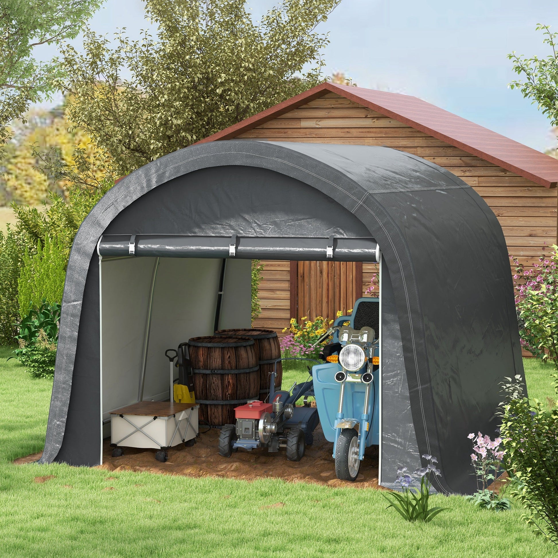 10' x 10' Garden Storage Tent, Heavy Duty Outdoor Shed, Waterproof Portable Shed Storage Shelter with Galvanized Steel Frame for Bike, Motorcycle, Garden Tools, Grey