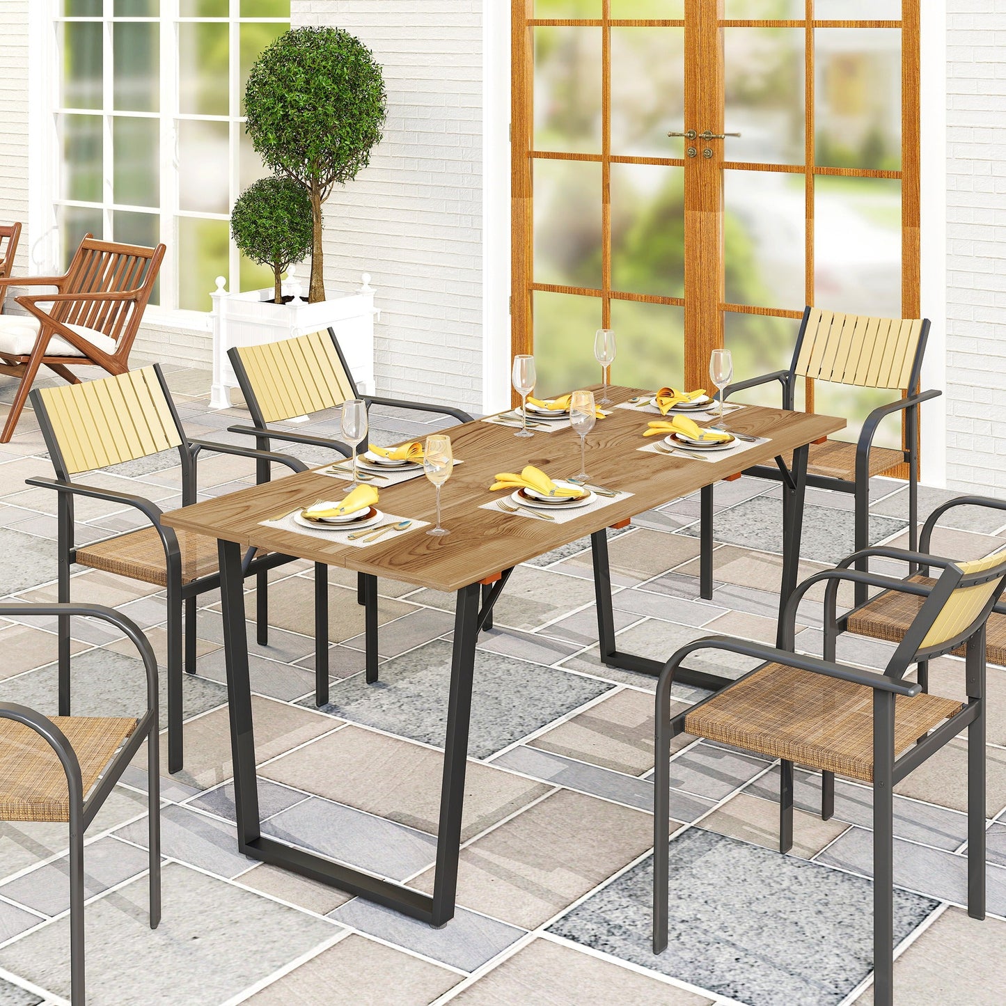 Wooden Outdoor Dining Table for 6, 69" x 32" Rectangular Patio Table with 2" Umbrella Hole, Slatted Tabletop, Indoor Outdoor Dining Furniture for Yard, Deck, Lawn