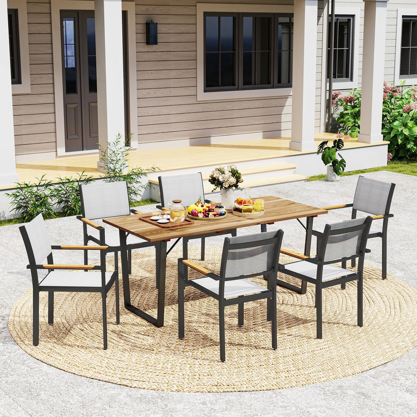 Wooden Outdoor Dining Table for 6, 69" x 32" Rectangular Patio Table with 2" Umbrella Hole, Slatted Tabletop, Indoor Outdoor Dining Furniture for Yard, Deck, Lawn