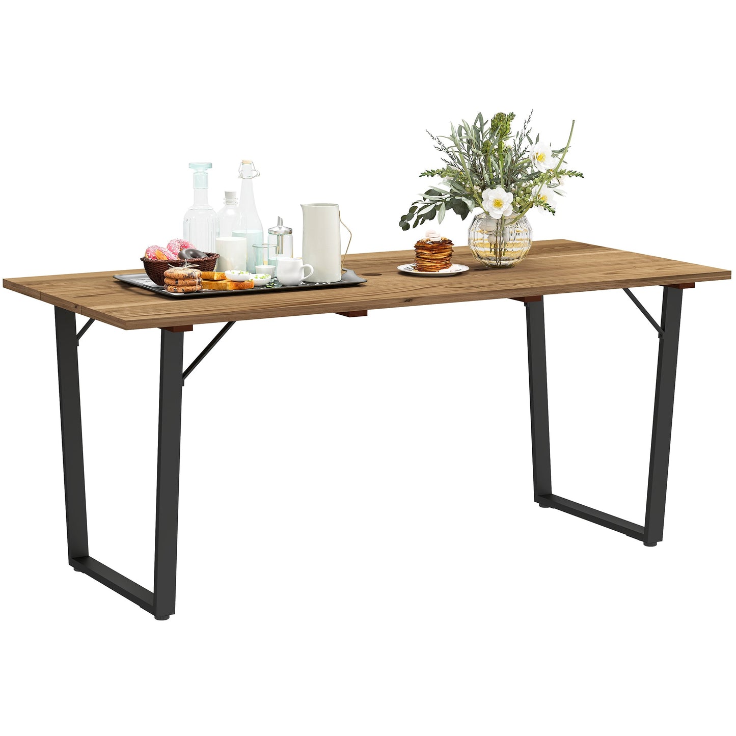 Wooden Outdoor Dining Table for 6, 69" x 32" Rectangular Patio Table with 2" Umbrella Hole, Slatted Tabletop, Indoor Outdoor Dining Furniture for Yard, Deck, Lawn