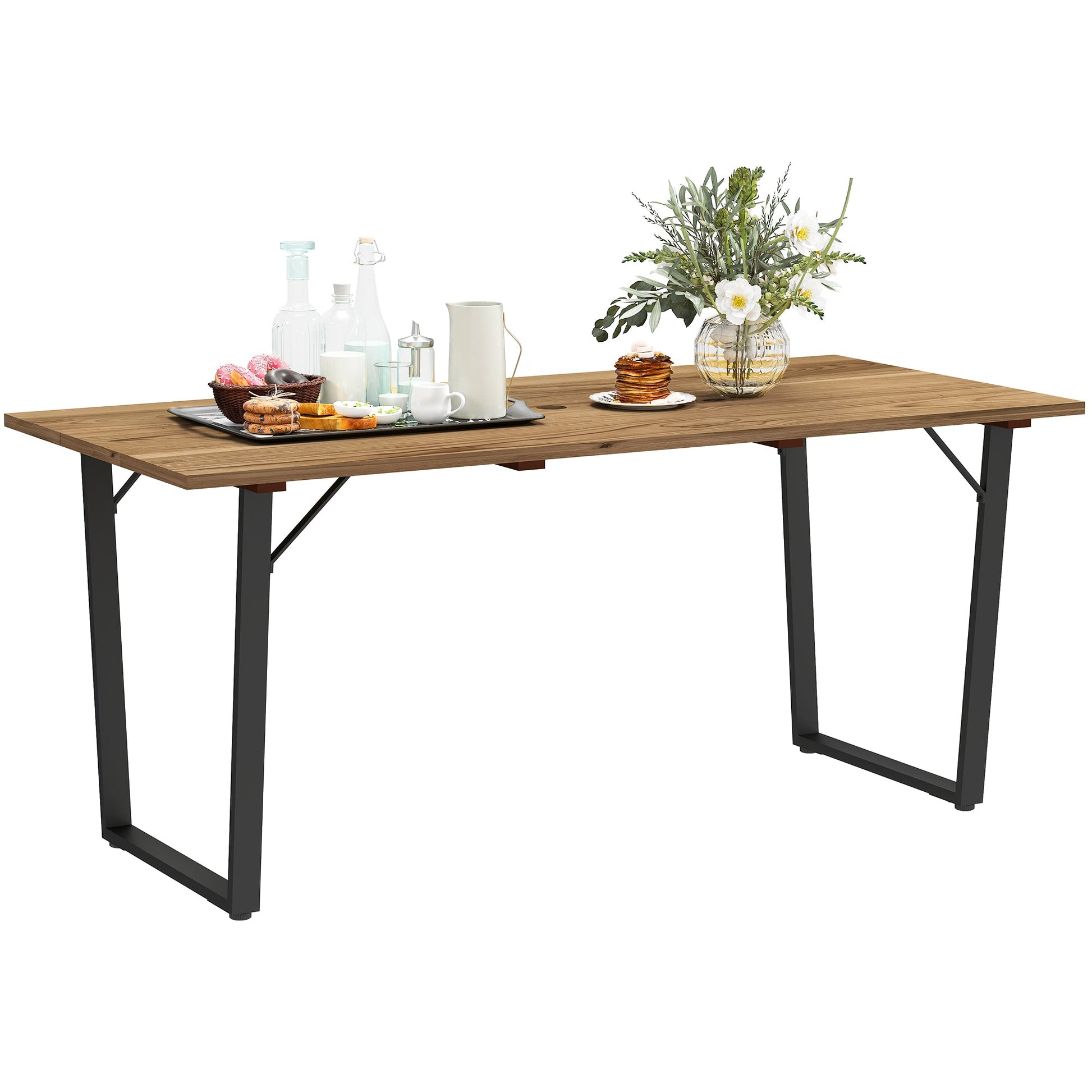Wooden Outdoor Dining Table for 6, 69" x 32" Rectangular Patio Table with 2" Umbrella Hole, Slatted Tabletop, Indoor Outdoor Dining Furniture for Yard, Deck, Lawn