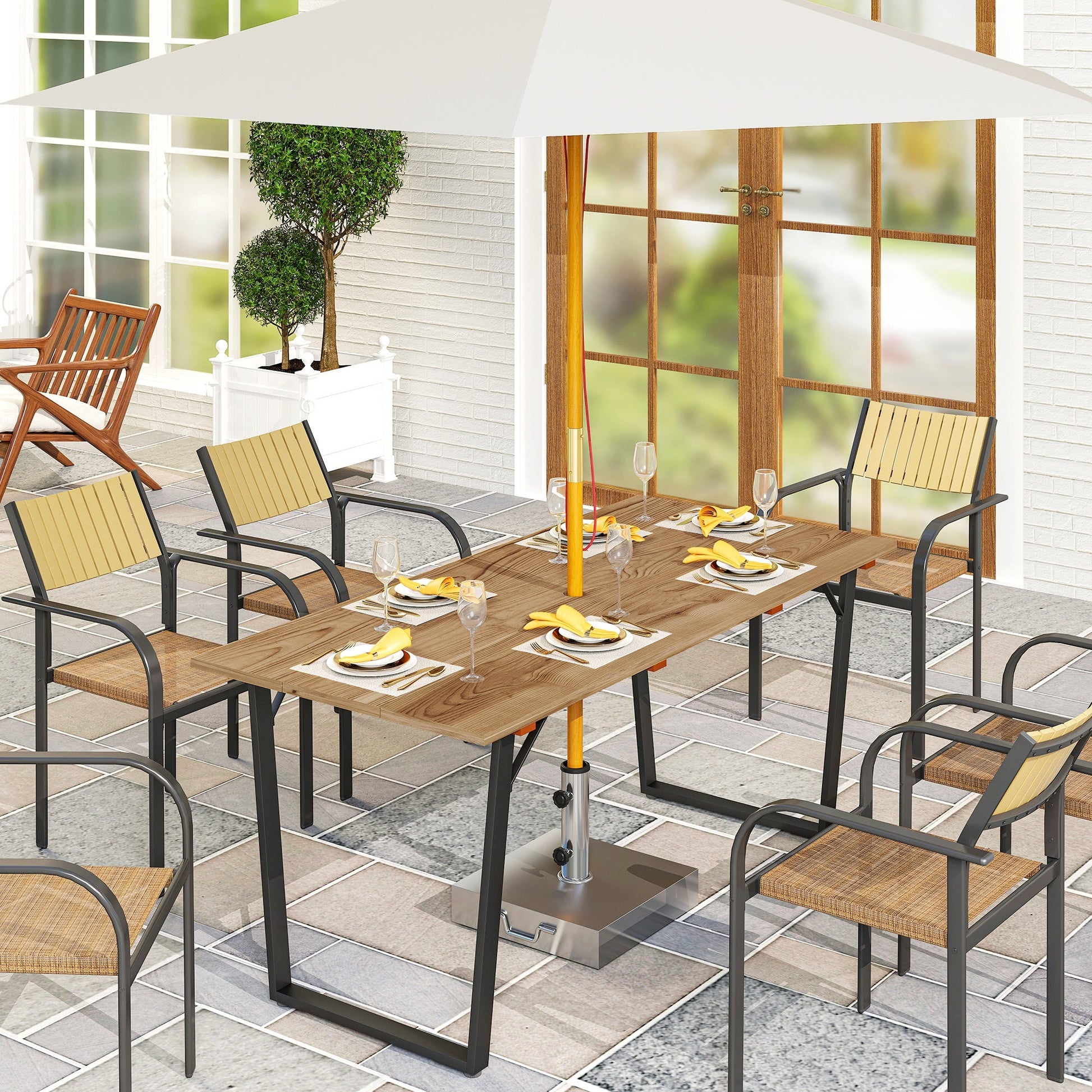 Wooden Outdoor Dining Table for 6, 69" x 32" Rectangular Patio Table with 2" Umbrella Hole, Slatted Tabletop, Indoor Outdoor Dining Furniture for Yard, Deck, Lawn