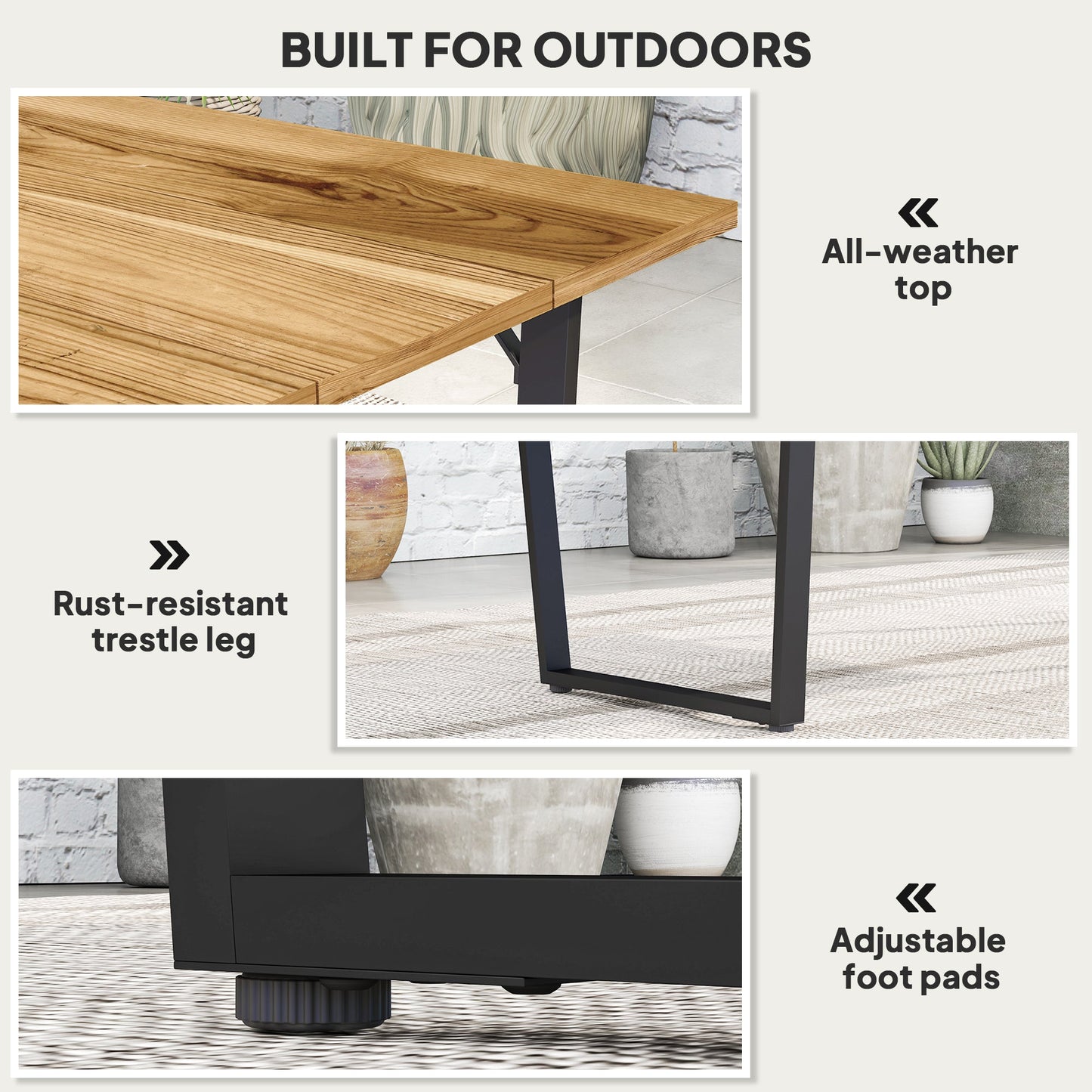 Wooden Outdoor Dining Table for 6, 69" x 32" Rectangular Patio Table with 2" Umbrella Hole, Slatted Tabletop, Indoor Outdoor Dining Furniture for Yard, Deck, Lawn