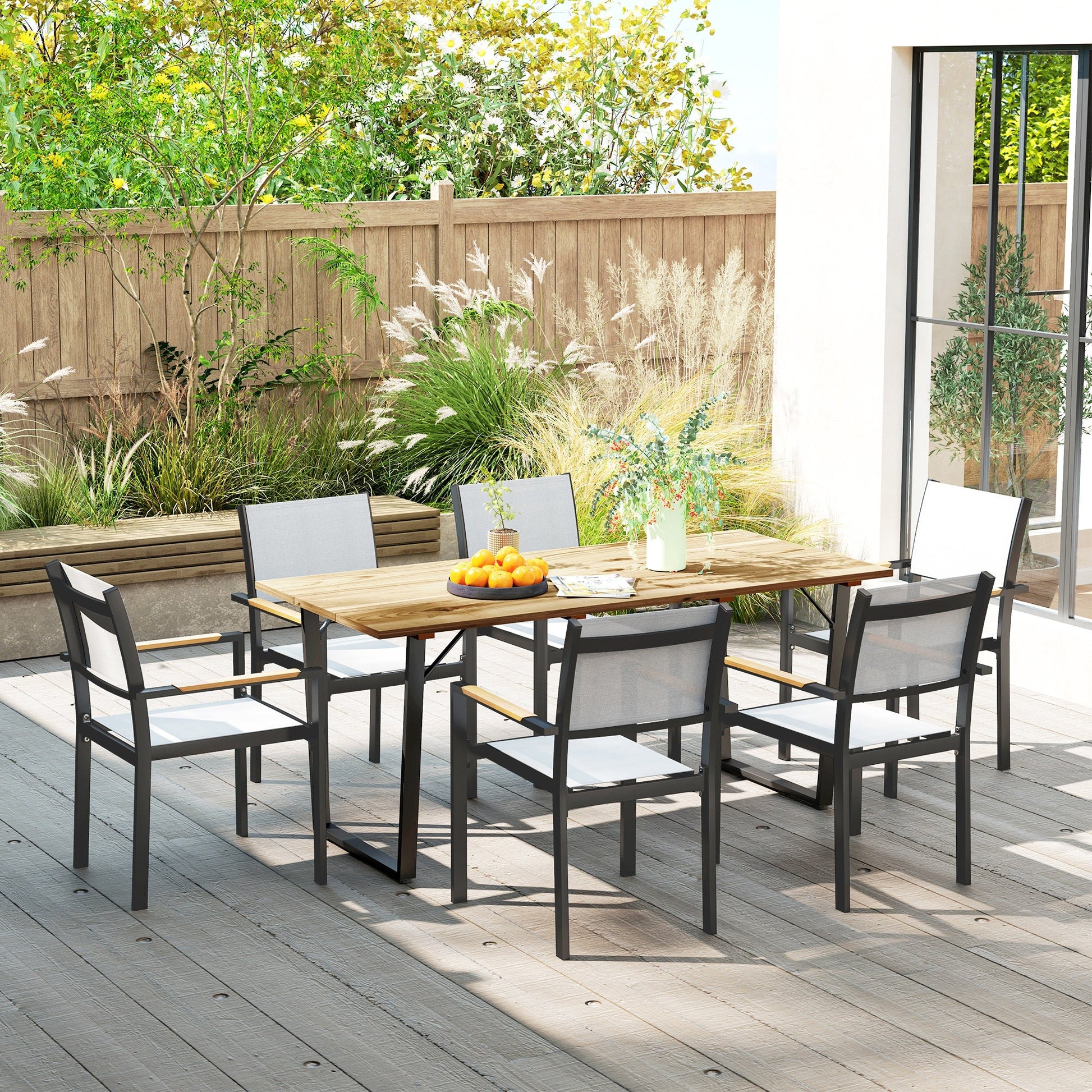 Wooden Outdoor Dining Table for 6, 69" x 32" Rectangular Patio Table with 2" Umbrella Hole, Slatted Tabletop, Indoor Outdoor Dining Furniture for Yard, Deck, Lawn
