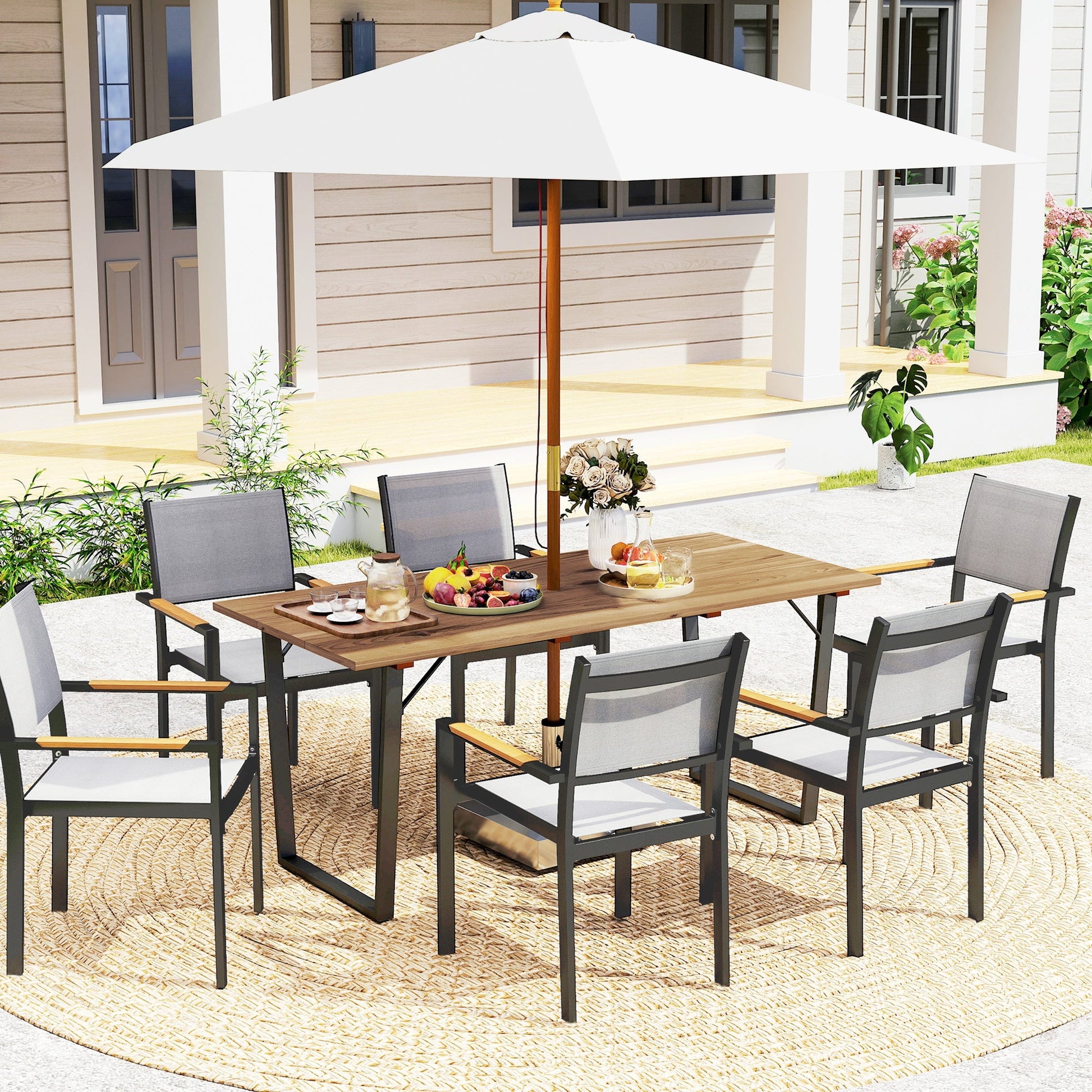 Wooden Outdoor Dining Table for 6, 69" x 32" Rectangular Patio Table with 2" Umbrella Hole, Slatted Tabletop, Indoor Outdoor Dining Furniture for Yard, Deck, Lawn