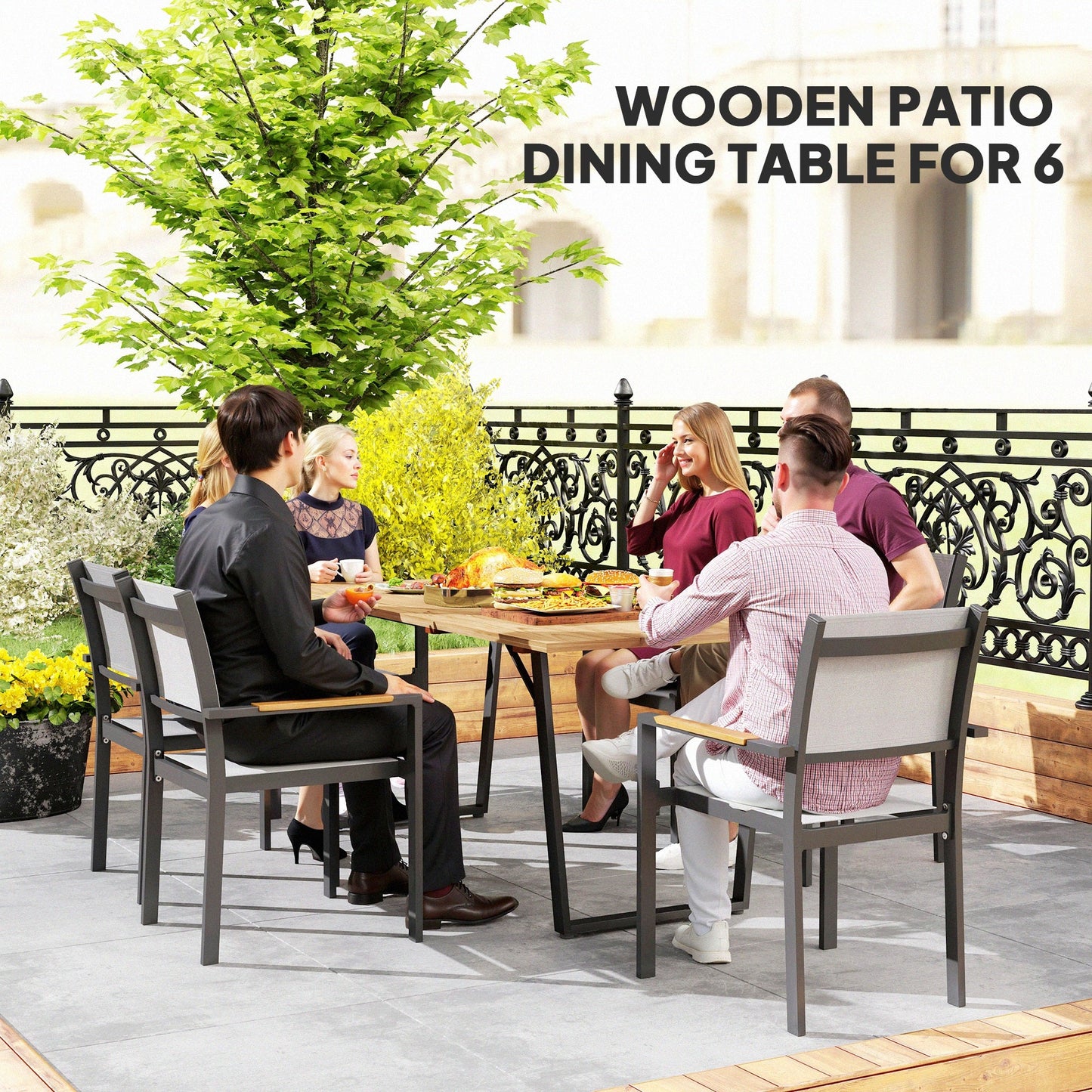 Wooden Outdoor Dining Table for 6, 69" x 32" Rectangular Patio Table with 2" Umbrella Hole, Slatted Tabletop, Indoor Outdoor Dining Furniture for Yard, Deck, Lawn
