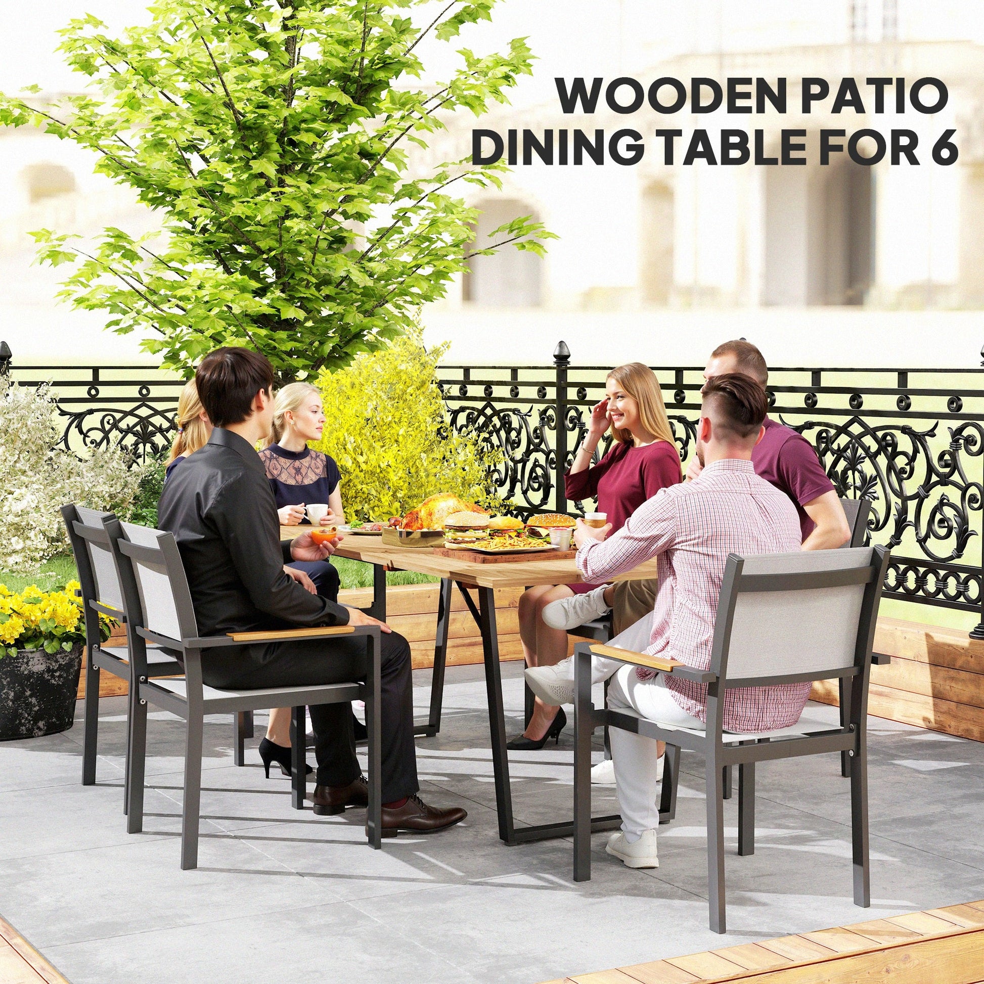 Wooden Outdoor Dining Table for 6, 69" x 32" Rectangular Patio Table with 2" Umbrella Hole, Slatted Tabletop, Indoor Outdoor Dining Furniture for Yard, Deck, Lawn
