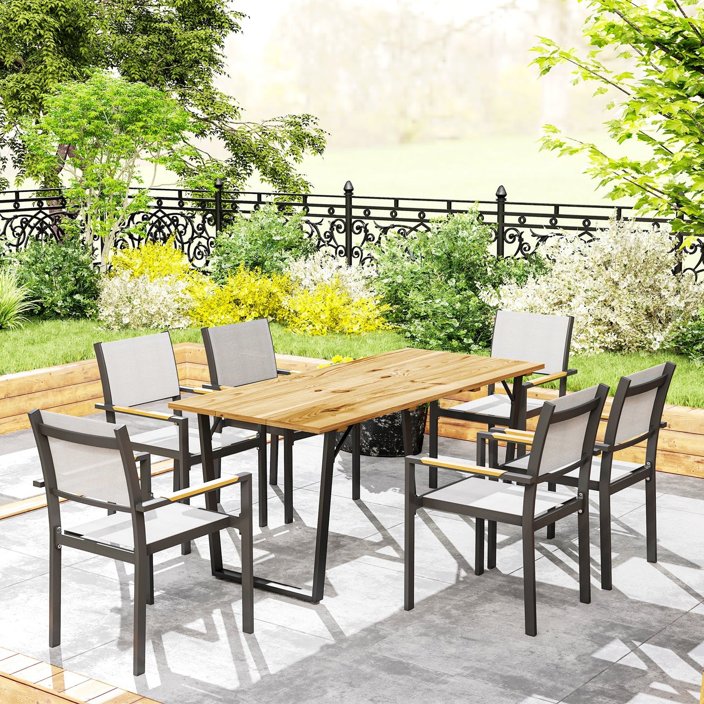 Wooden Outdoor Dining Table for 6, 69" x 32" Rectangular Patio Table with 2" Umbrella Hole, Slatted Tabletop, Indoor Outdoor Dining Furniture for Yard, Deck, Lawn