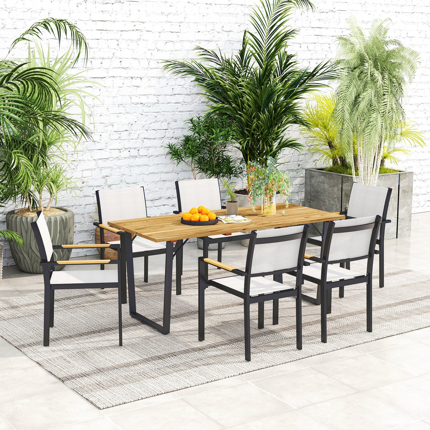 Wooden Outdoor Dining Table for 6, 69" x 32" Rectangular Patio Table with 2" Umbrella Hole, Slatted Tabletop, Indoor Outdoor Dining Furniture for Yard, Deck, Lawn
