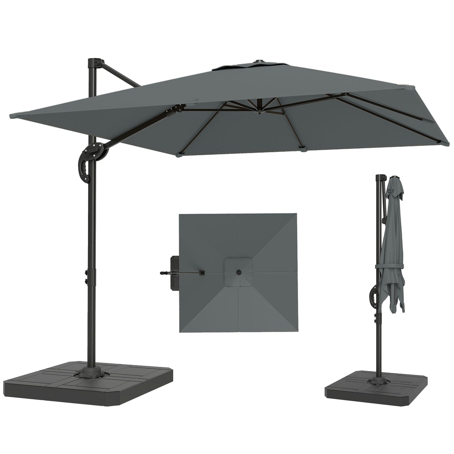 8' x 8' Offset Cantilever Patio Umbrella with Base Weights, UPF50+ Square Outdoor Cantilever Parasol with 360° Rotation, 5 Level Adjustable Tilt, Aluminum Pole, Dark Grey