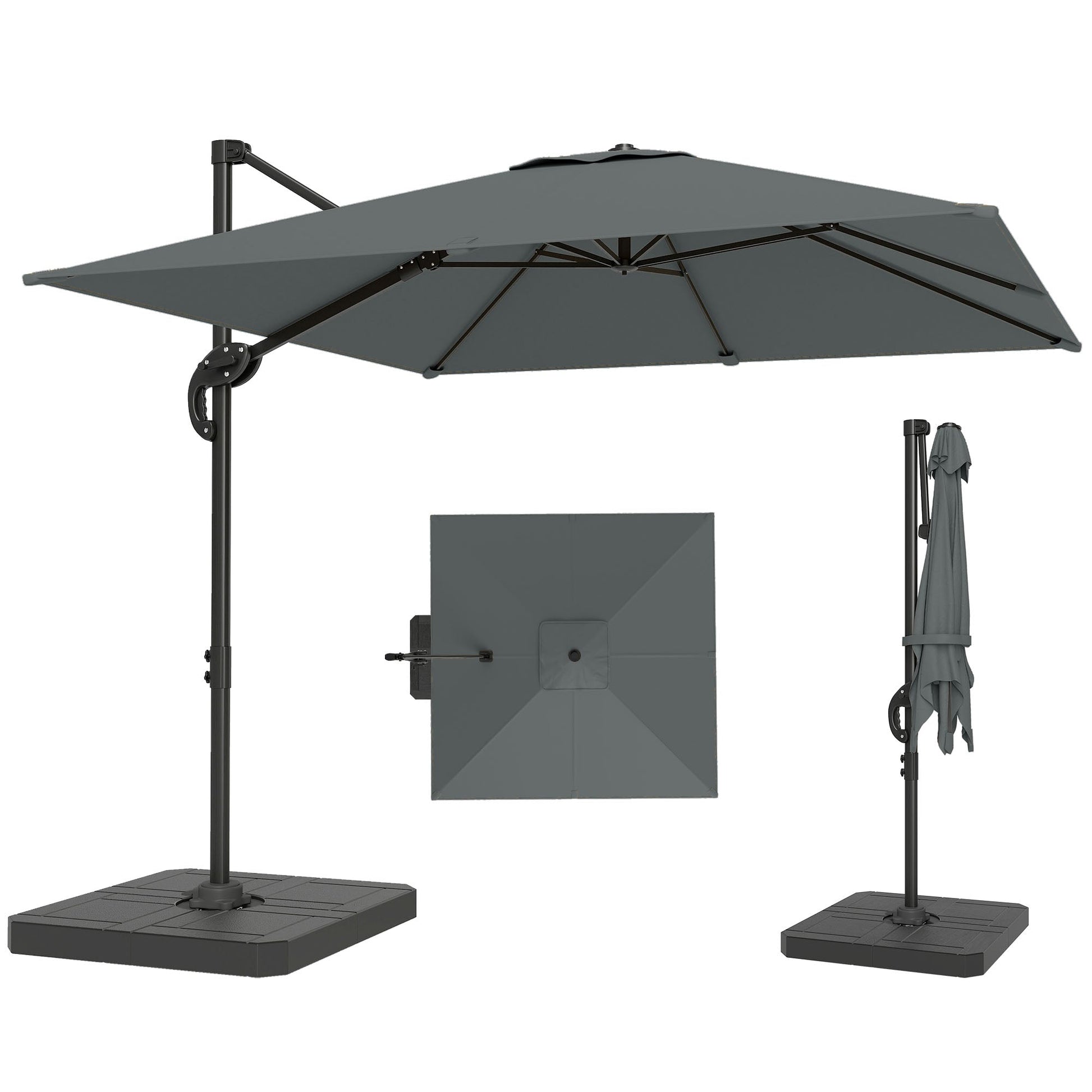 8' x 8' Offset Cantilever Patio Umbrella with Base Weights, UPF50+ Square Outdoor Cantilever Parasol with 360° Rotation, 5 Level Adjustable Tilt, Aluminum Pole, Dark Grey