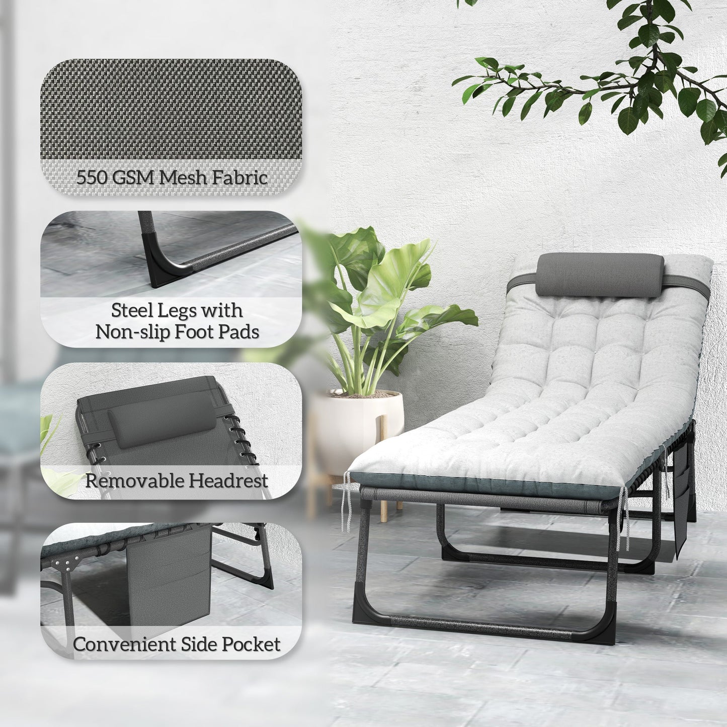 Folding Outdoor Lounge Chair Set of 2, 5-Position Reclining Patio Chaise Lounge Chairs, Tanning Chair with Cushion, Headrest, Side Pocket for Beach, Poolside, Grey