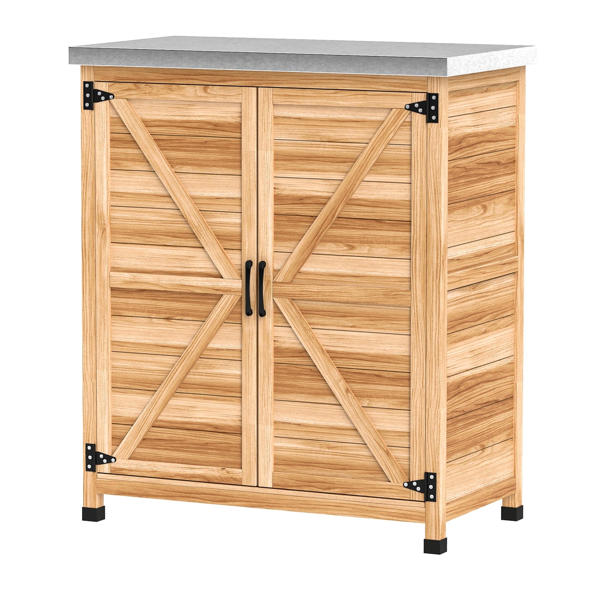 Garden Storage Cabinet, Outdoor Potting Bench Table with Metal Tabletop and Shelf, Wooden Tool Shed with Double Doors, Natural