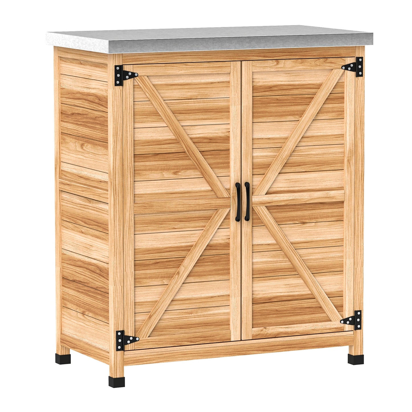 Garden Storage Cabinet, Outdoor Potting Bench Table with Metal Tabletop and Shelf, Wooden Tool Shed with Double Doors, Natural