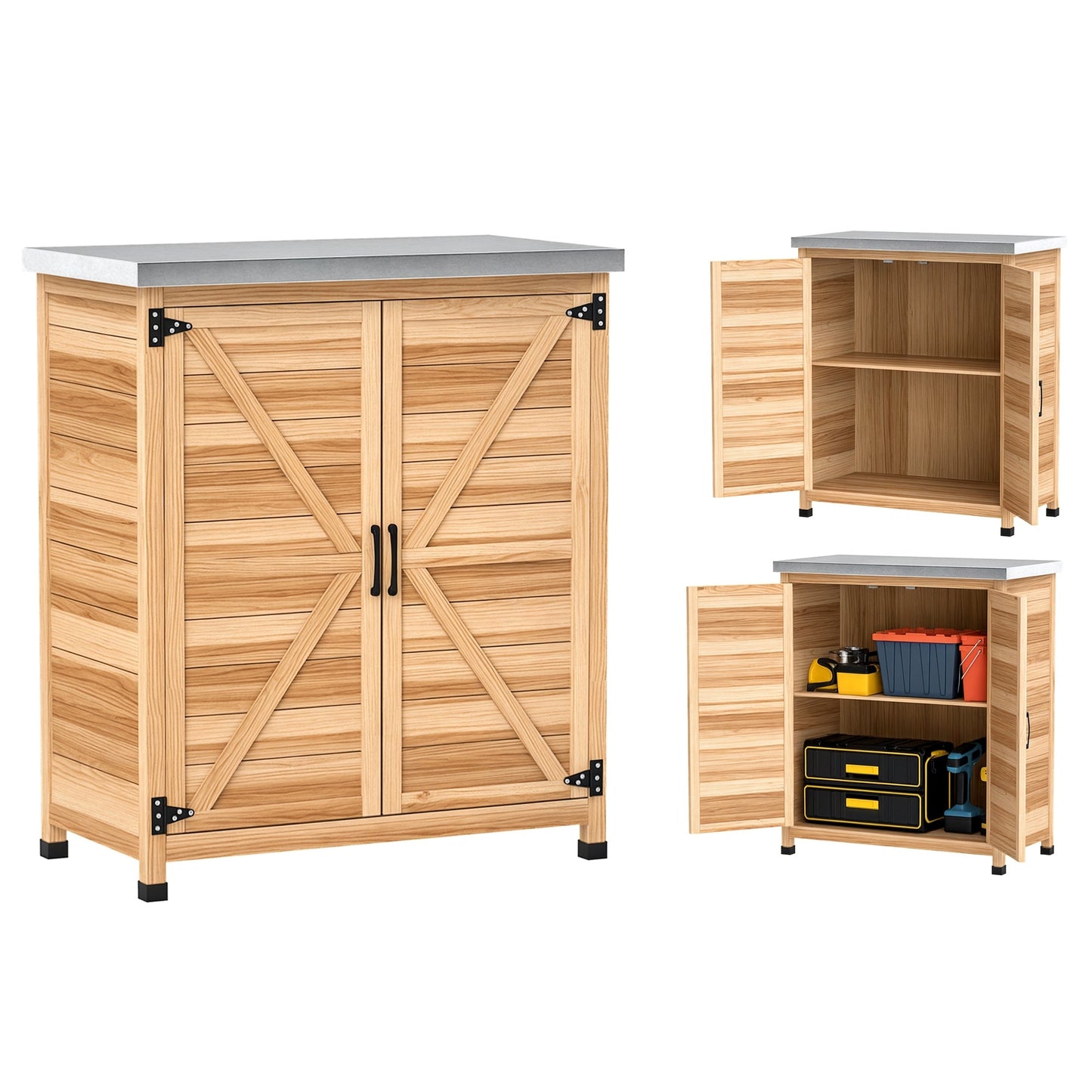Garden Storage Cabinet, Outdoor Potting Bench Table with Metal Tabletop and Shelf, Wooden Tool Shed with Double Doors, Natural