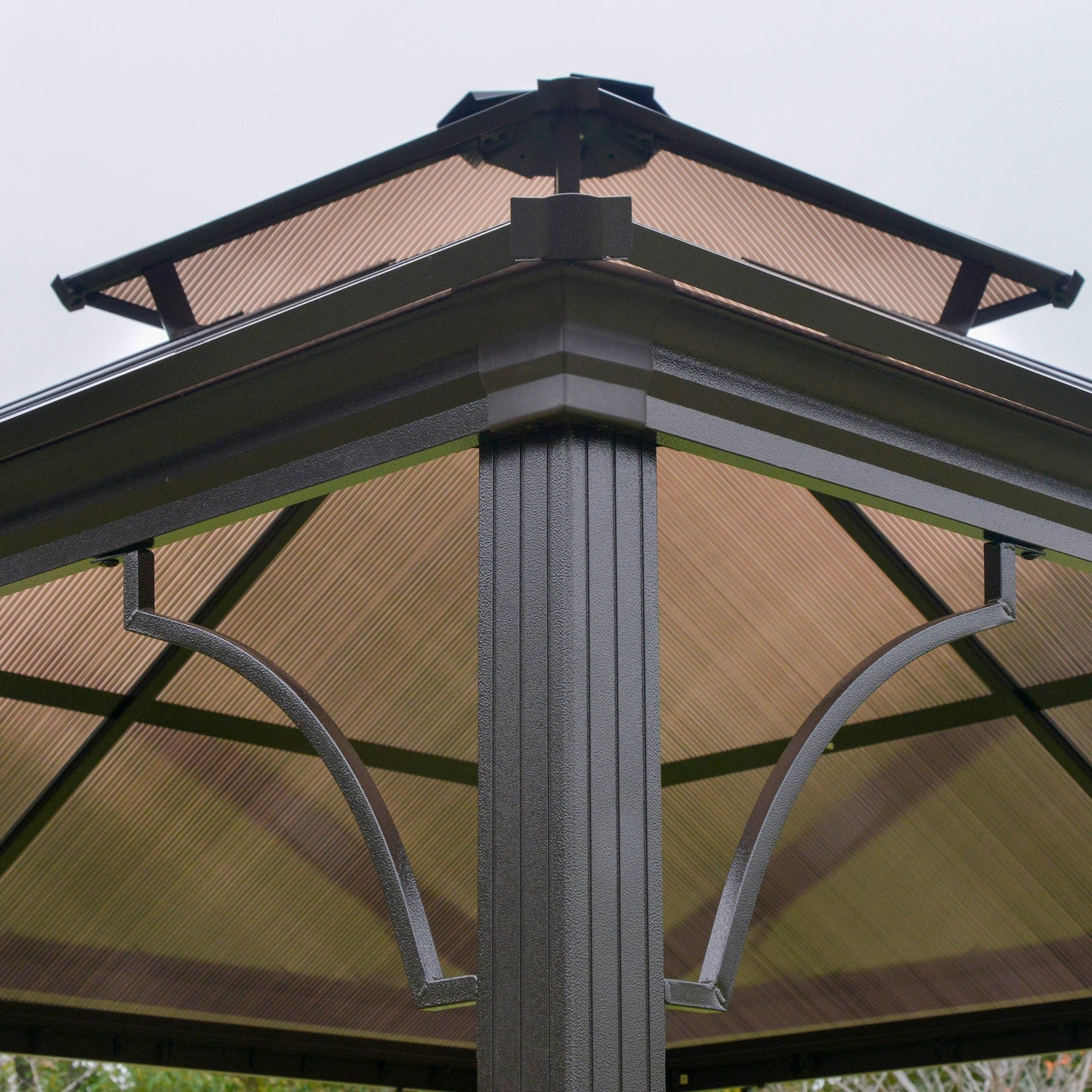 10' x 10' 2-Tier Outdoor Gazebo Canopy Tent with Polycarbonate Roof, Hardtop Gazebo with Curtains and Netting, for Garden, Lawn, Backyard, Deck, Beige