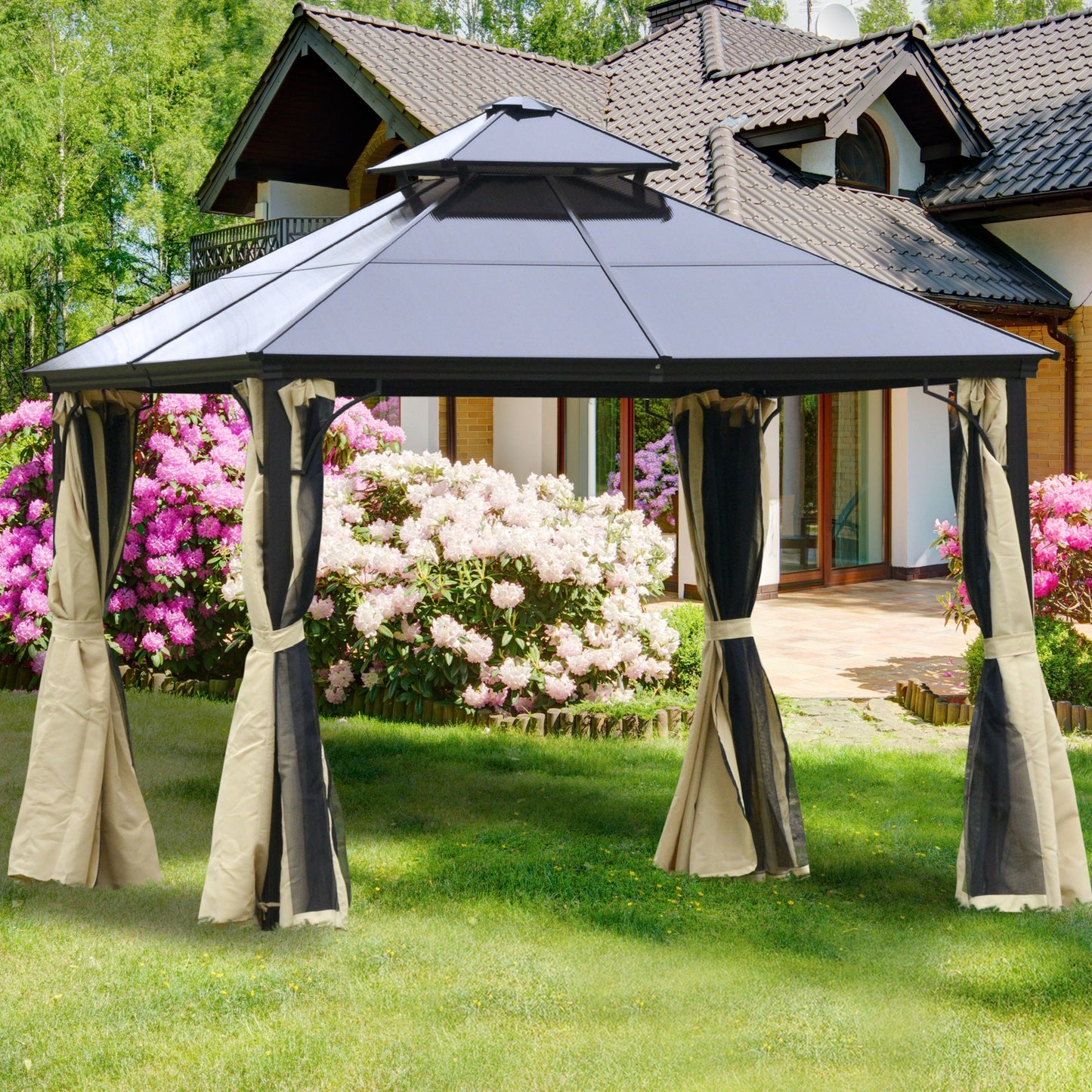 10' x 10' 2-Tier Outdoor Gazebo Canopy Tent with Polycarbonate Roof, Hardtop Gazebo with Curtains and Netting, for Garden, Lawn, Backyard, Deck, Beige