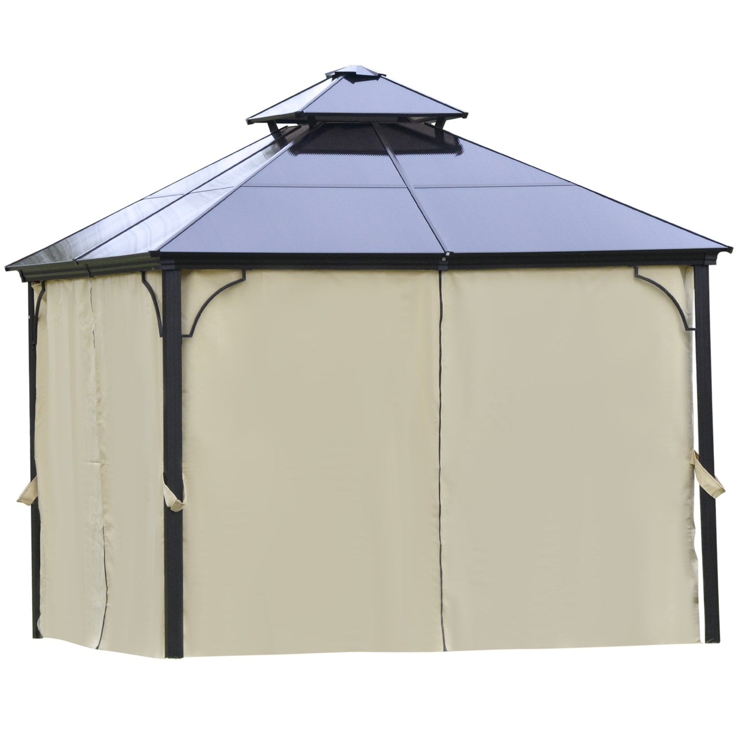 10' x 10' 2-Tier Outdoor Gazebo Canopy Tent with Polycarbonate Roof, Hardtop Gazebo with Curtains and Netting, for Garden, Lawn, Backyard, Deck, Beige