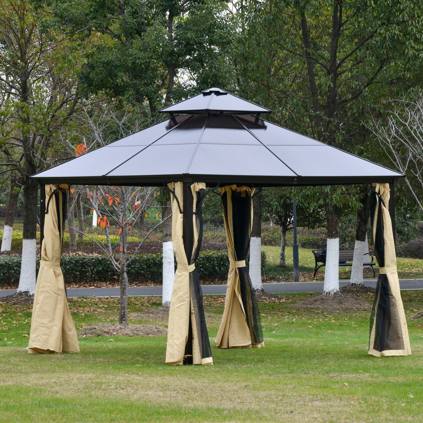10' x 10' 2-Tier Outdoor Gazebo Canopy Tent with Polycarbonate Roof, Hardtop Gazebo with Curtains and Netting, for Garden, Lawn, Backyard, Deck, Beige