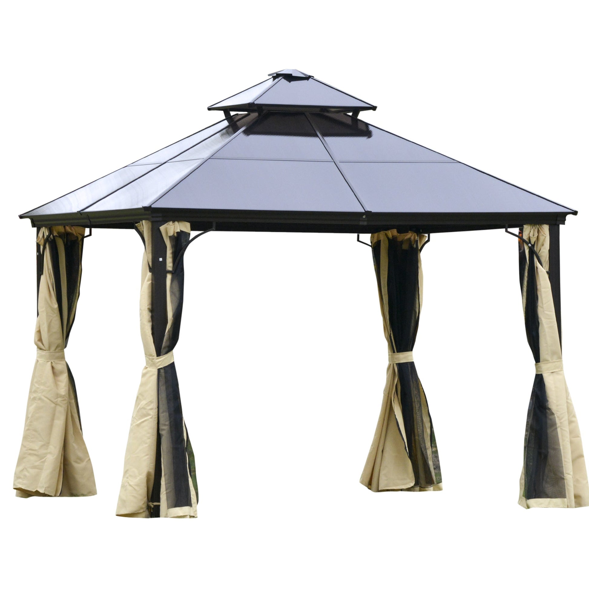 10' x 10' 2-Tier Outdoor Gazebo Canopy Tent with Polycarbonate Roof, Hardtop Gazebo with Curtains and Netting, for Garden, Lawn, Backyard, Deck, Beige