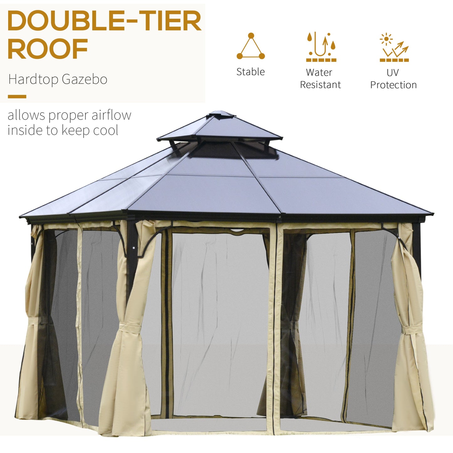 10' x 10' 2-Tier Outdoor Gazebo Canopy Tent with Polycarbonate Roof, Hardtop Gazebo with Curtains and Netting, for Garden, Lawn, Backyard, Deck, Beige