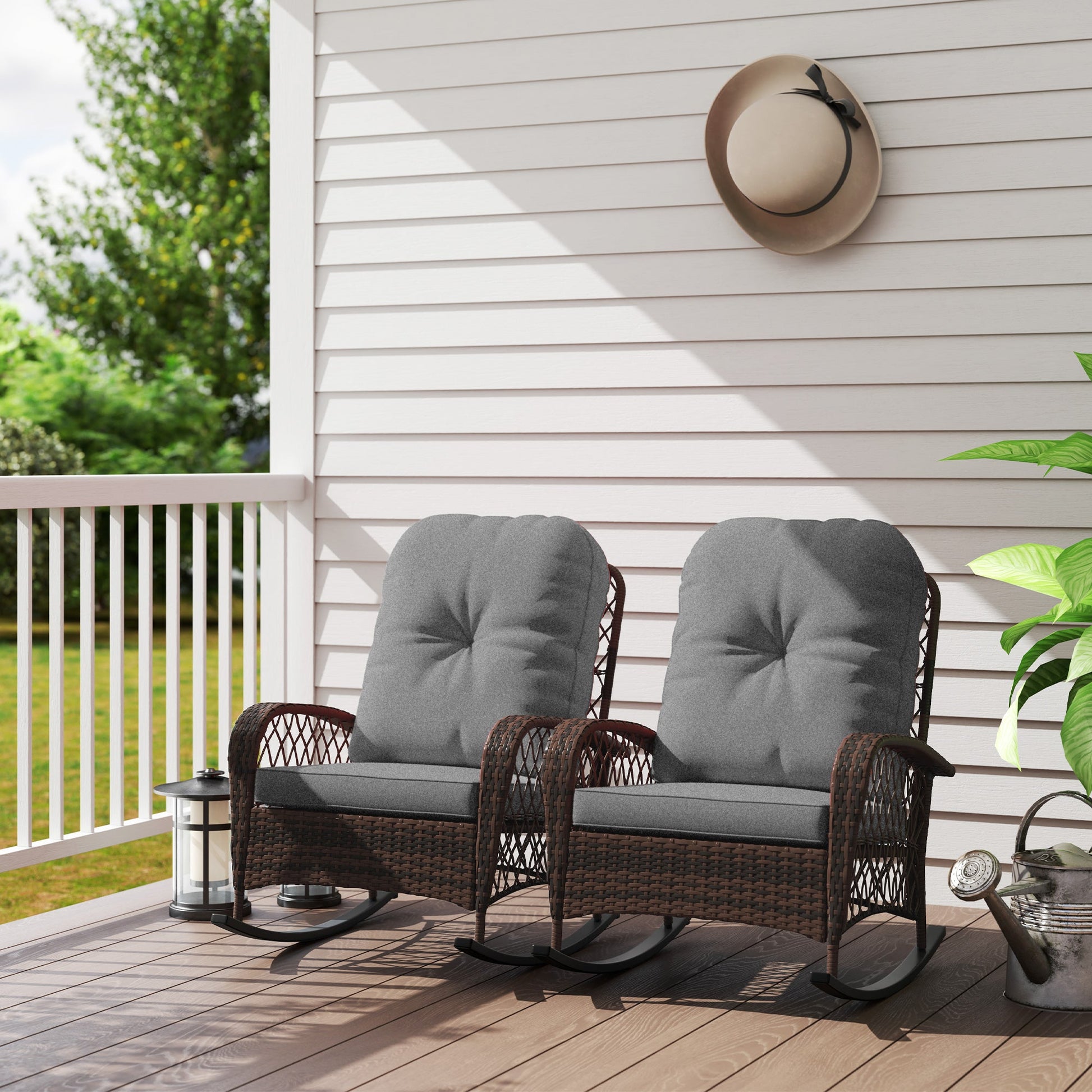 Rattan Rocking Chair Set of 2, Outdoor Wicker Patio Rocker Chair Furniture with Thick Cushions, for Garden Backyard Porch, Grey