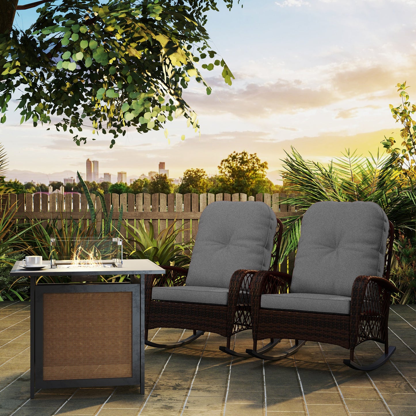 Rattan Rocking Chair Set of 2, Outdoor Wicker Patio Rocker Chair Furniture with Thick Cushions, for Garden Backyard Porch, Grey