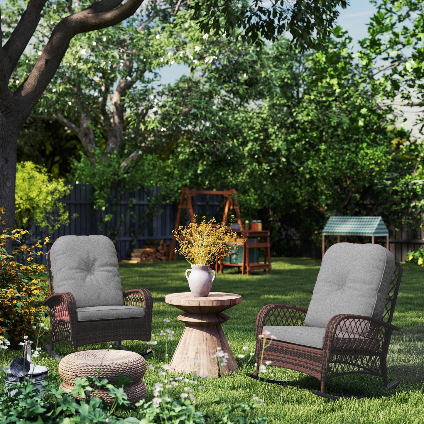 Rattan Rocking Chair Set of 2, Outdoor Wicker Patio Rocker Chair Furniture with Thick Cushions, for Garden Backyard Porch, Grey