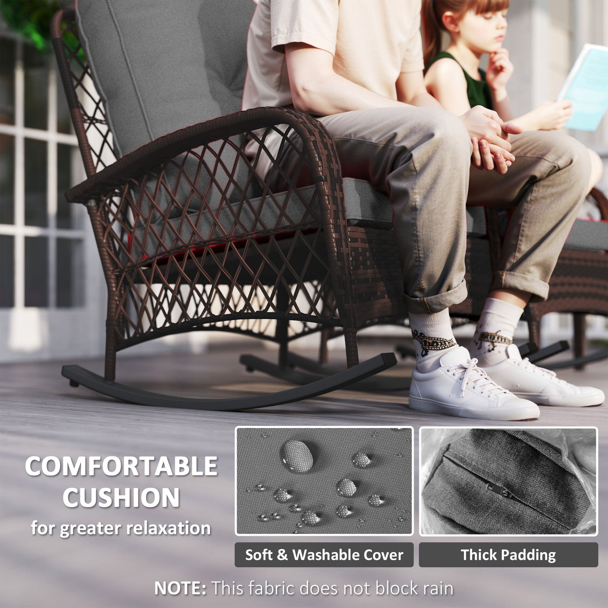 Rattan Rocking Chair Set of 2, Outdoor Wicker Patio Rocker Chair Furniture with Thick Cushions, for Garden Backyard Porch, Grey