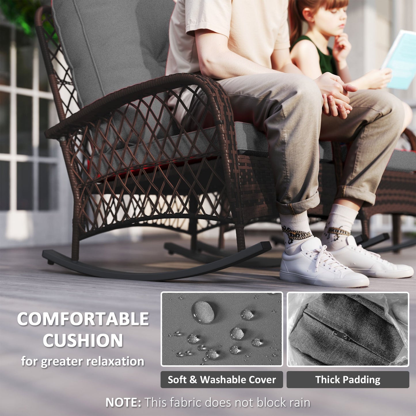 Rattan Rocking Chair Set of 2, Outdoor Wicker Patio Rocker Chair Furniture with Thick Cushions, for Garden Backyard Porch, Grey
