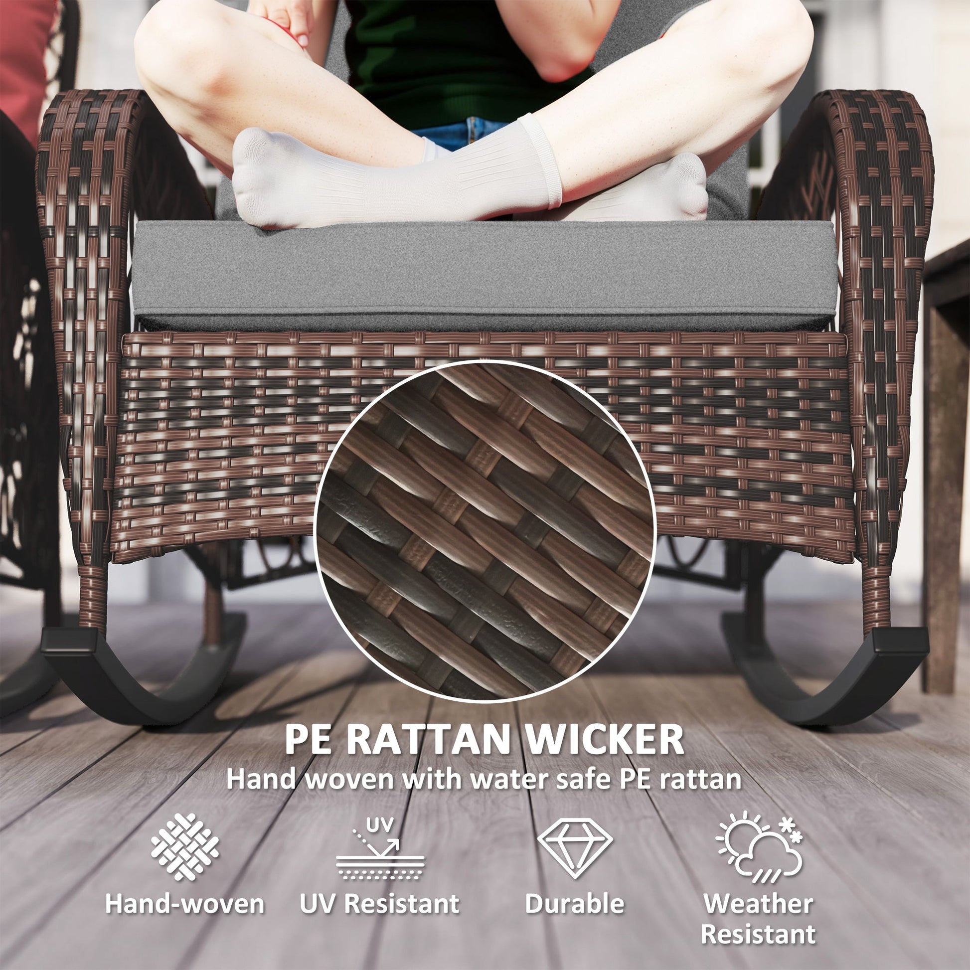 Rattan Rocking Chair Set of 2, Outdoor Wicker Patio Rocker Chair Furniture with Thick Cushions, for Garden Backyard Porch, Grey
