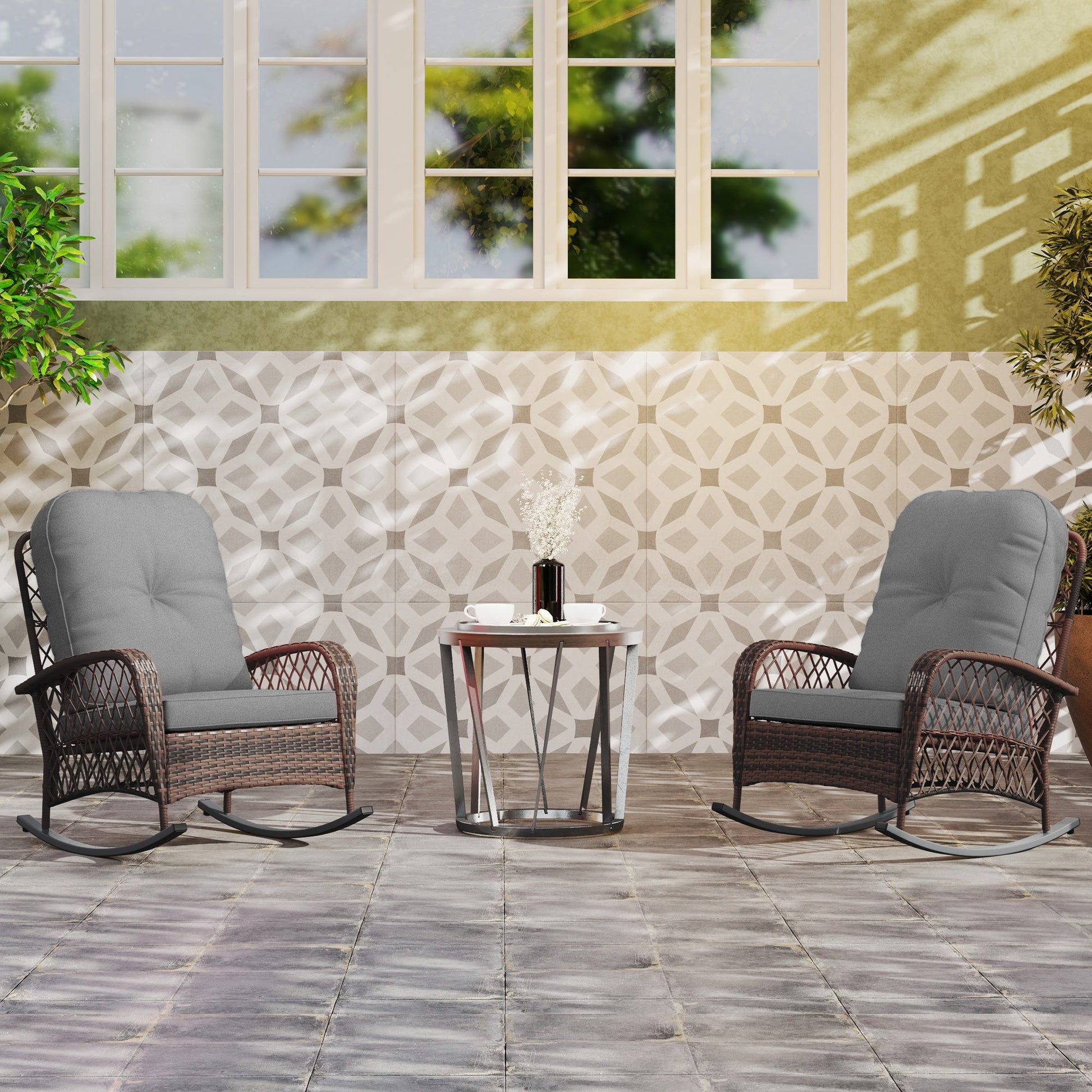 Rattan Rocking Chair Set of 2, Outdoor Wicker Patio Rocker Chair Furniture with Thick Cushions, for Garden Backyard Porch, Grey