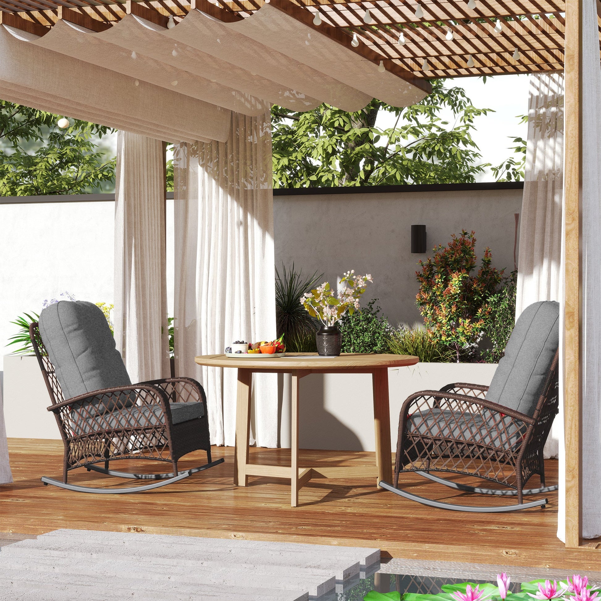 Rattan Rocking Chair Set of 2, Outdoor Wicker Patio Rocker Chair Furniture with Thick Cushions, for Garden Backyard Porch, Grey