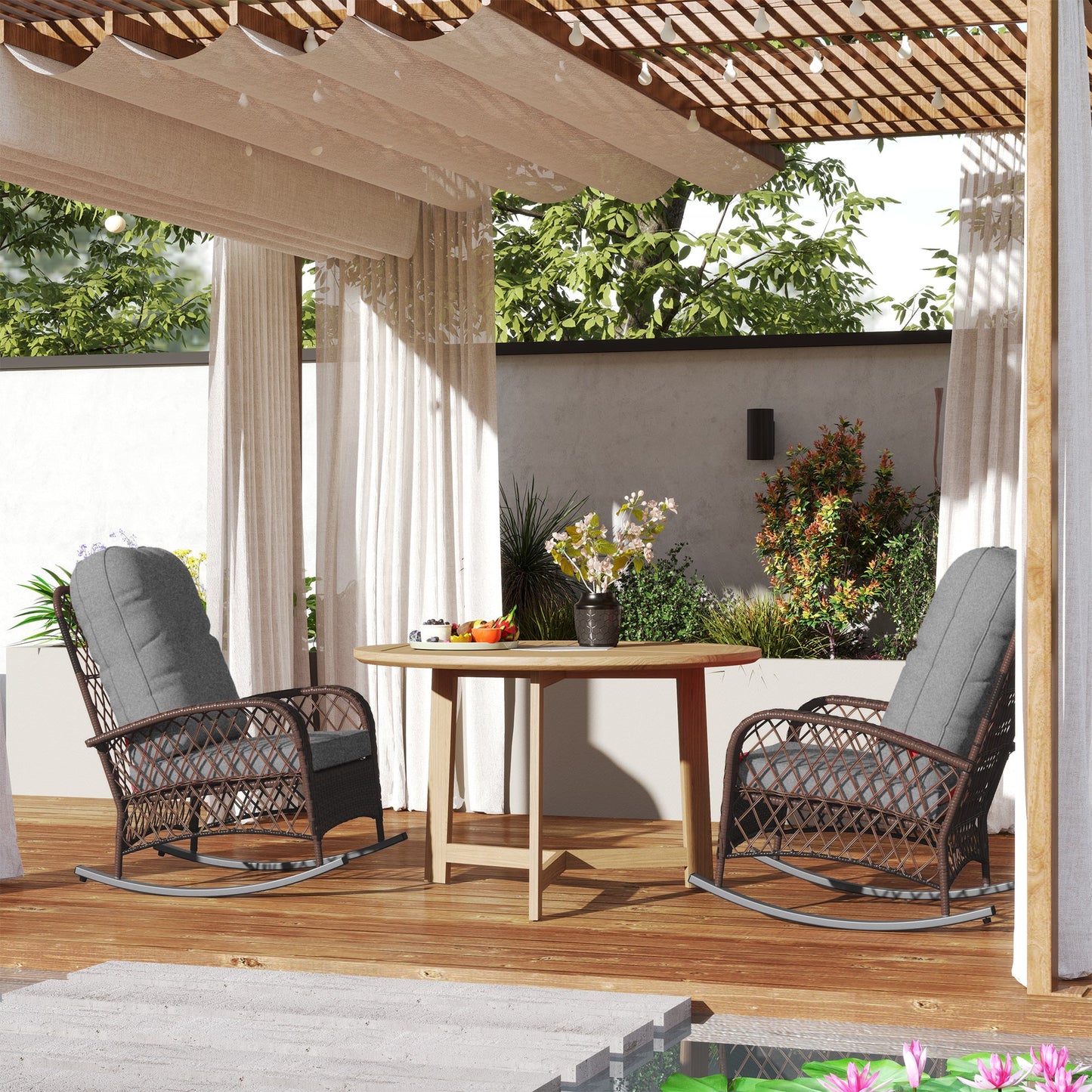 Rattan Rocking Chair Set of 2, Outdoor Wicker Patio Rocker Chair Furniture with Thick Cushions, for Garden Backyard Porch, Grey