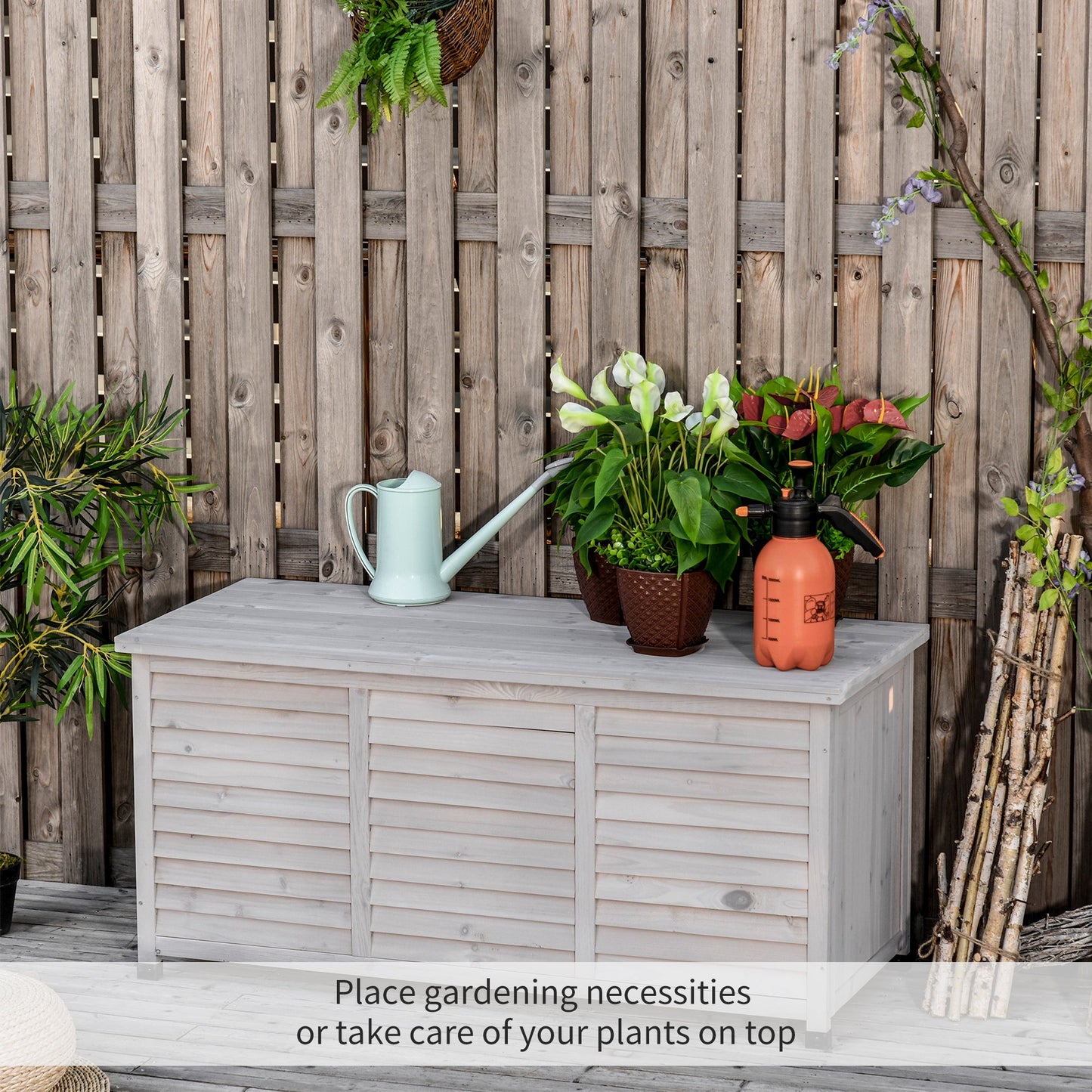 75 Gallon Wooden Storage Box patio Deck Box Bench, Garden Backyard Outdoor Storage Container with Aerating Gap & Weather-Fighting Finish, Grey