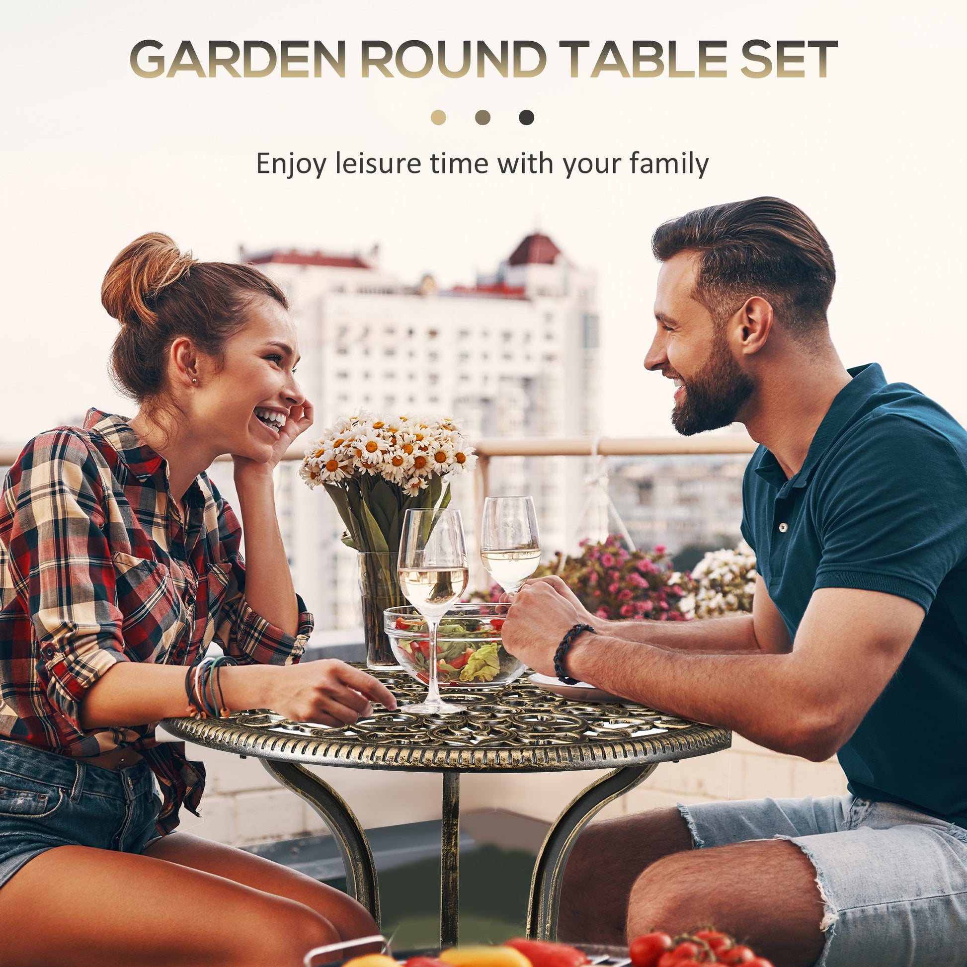 3 Piece Cast Aluminium Garden Bistro Set for 3, Outdoor Coffee Table Set with Parasol Hole, Two Armless Chairs and Round Coffee Table for Balcony, Patio, Bronze