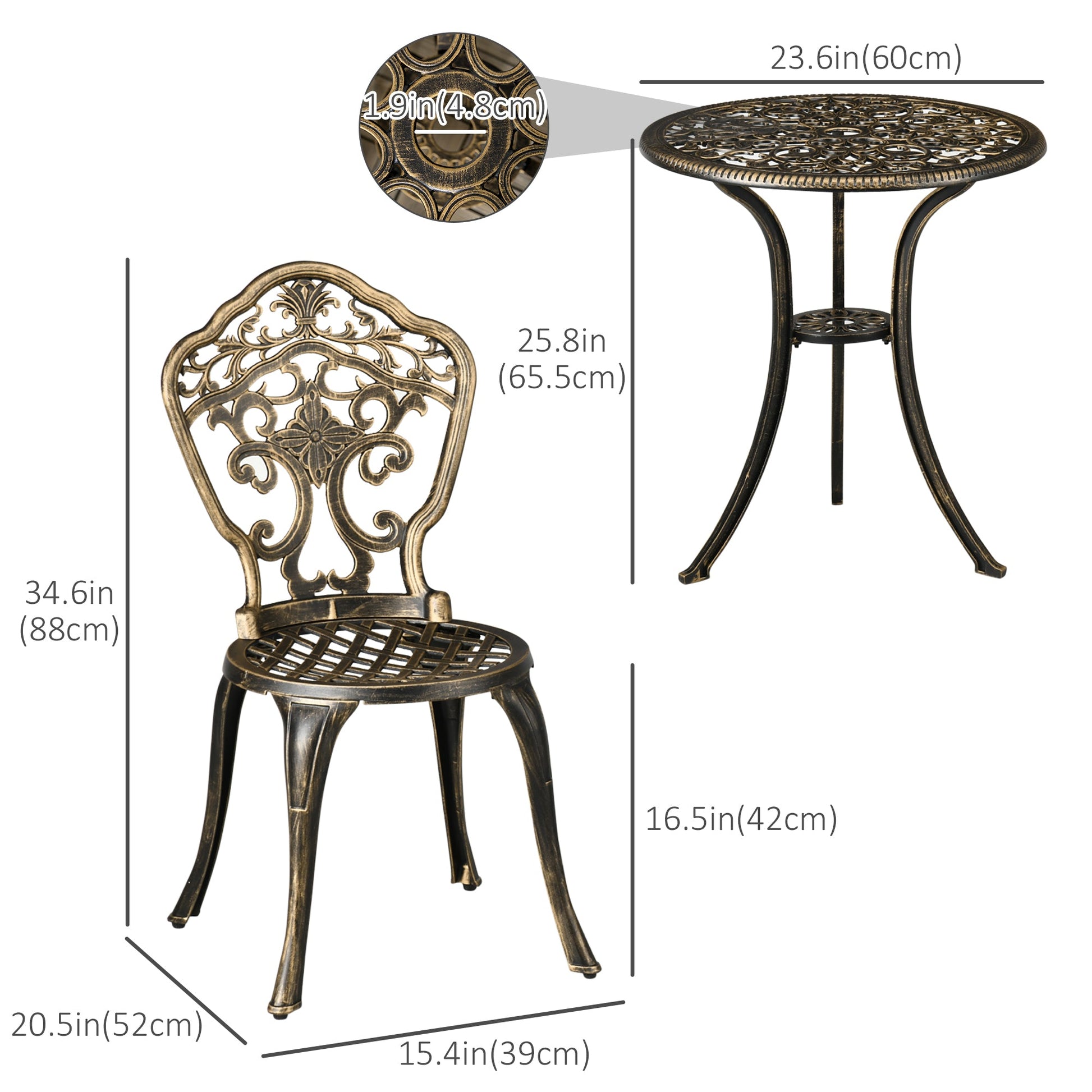 3 Piece Cast Aluminium Garden Bistro Set for 3, Outdoor Coffee Table Set with Parasol Hole, Two Armless Chairs and Round Coffee Table for Balcony, Patio, Bronze