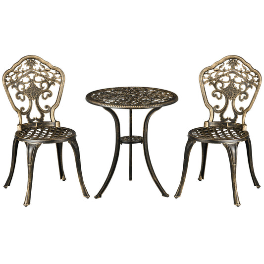 3 Piece Cast Aluminium Garden Bistro Set for 3, Outdoor Coffee Table Set with Parasol Hole, Two Armless Chairs and Round Coffee Table for Balcony, Patio, Bronze