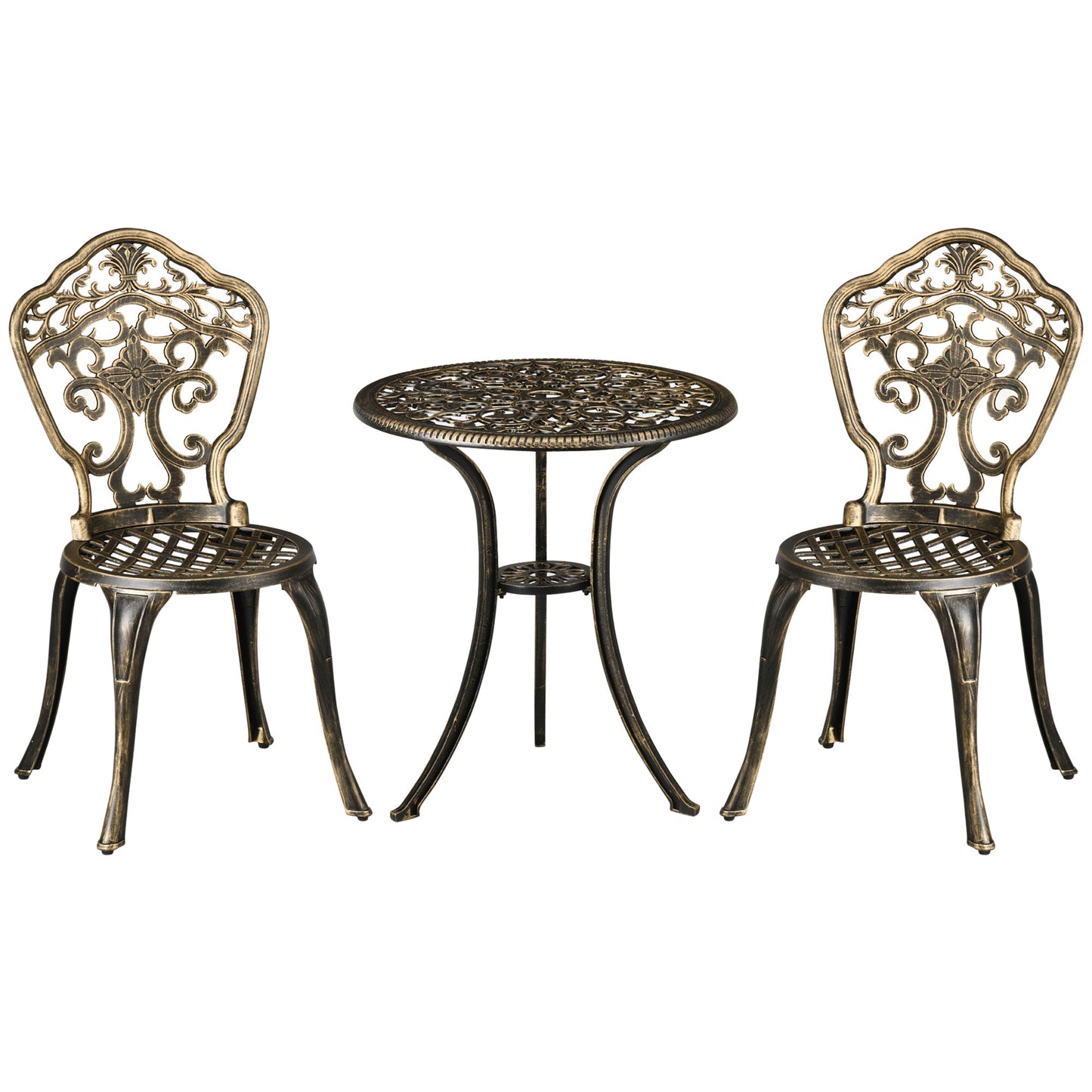 3 Piece Cast Aluminium Garden Bistro Set for 3, Outdoor Coffee Table Set with Parasol Hole, Two Armless Chairs and Round Coffee Table for Balcony, Patio, Bronze