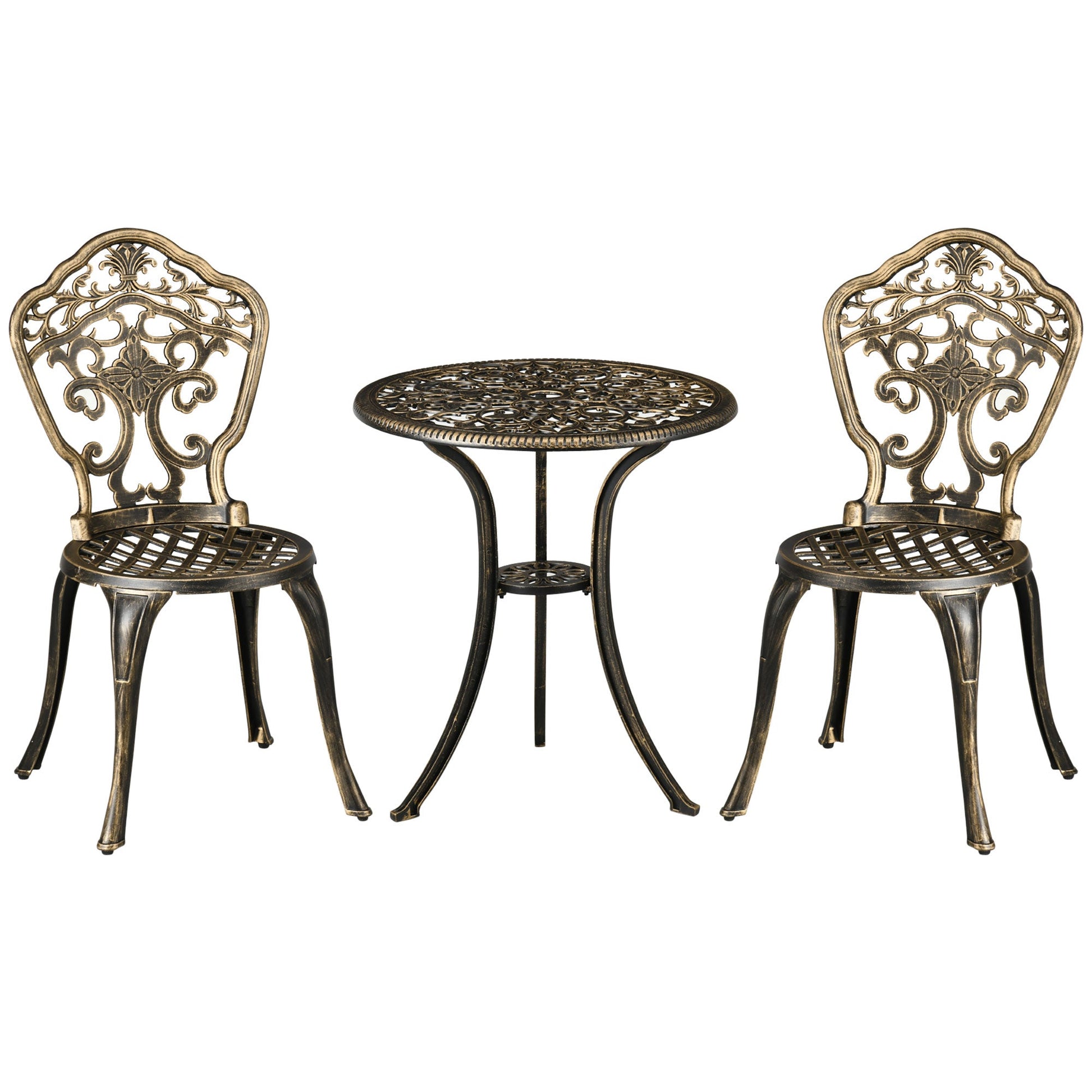 3 Piece Cast Aluminium Garden Bistro Set for 3, Outdoor Coffee Table Set with Parasol Hole, Two Armless Chairs and Round Coffee Table for Balcony, Patio, Bronze