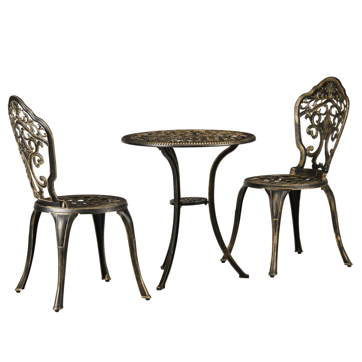 3 Piece Cast Aluminium Garden Bistro Set for 3, Outdoor Coffee Table Set with Parasol Hole, Two Armless Chairs and Round Coffee Table for Balcony, Patio, Bronze