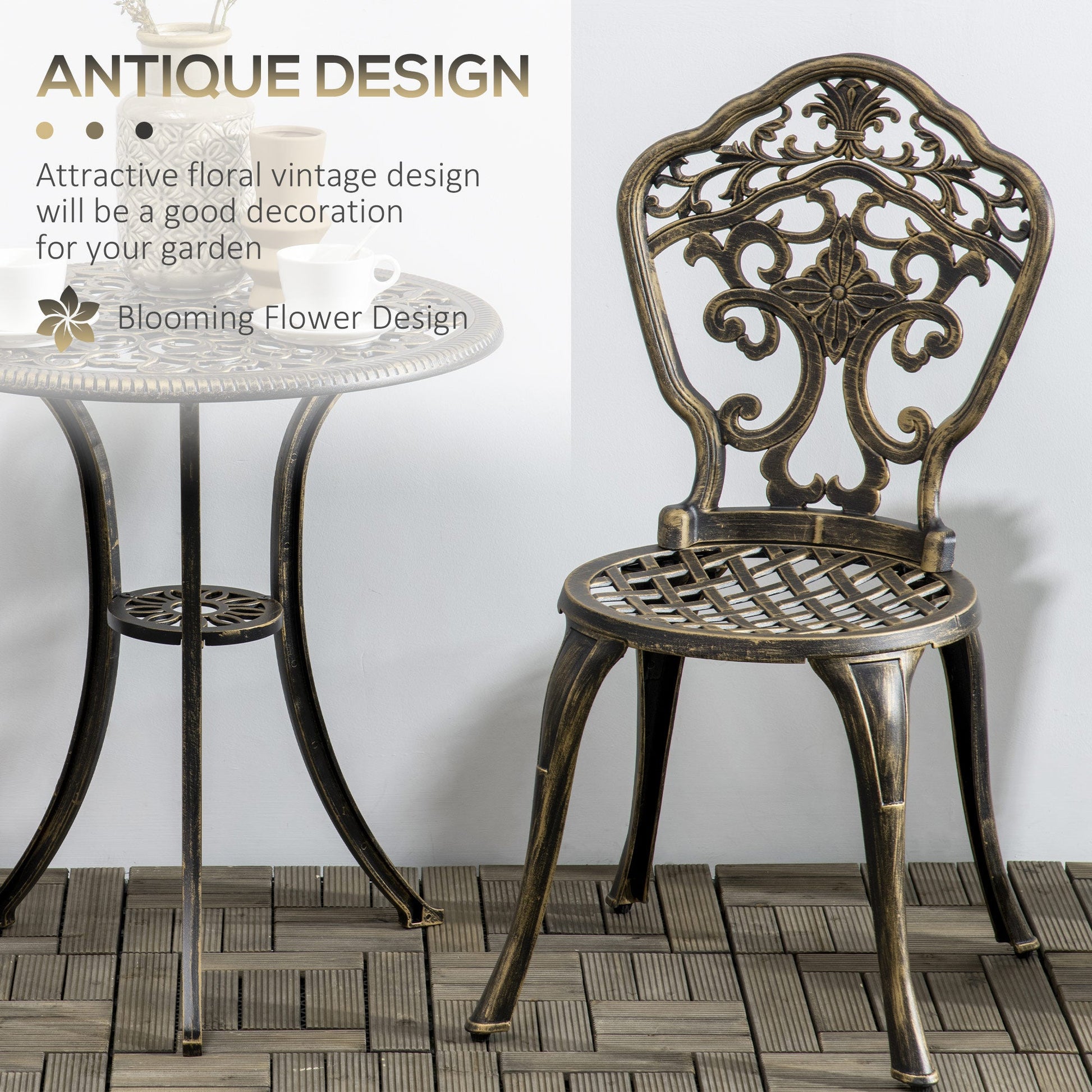3 Piece Cast Aluminium Garden Bistro Set for 3, Outdoor Coffee Table Set with Parasol Hole, Two Armless Chairs and Round Coffee Table for Balcony, Patio, Bronze